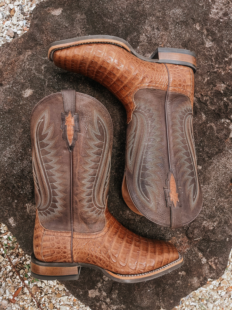 MEN'S ARIAT DOUBLE DOWN WESTERN BOOT IN CARAMEL CAIMAN BELLY
