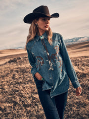 Women's Wrangler Embroidered Horses Boyfriend Western Snap Shirt