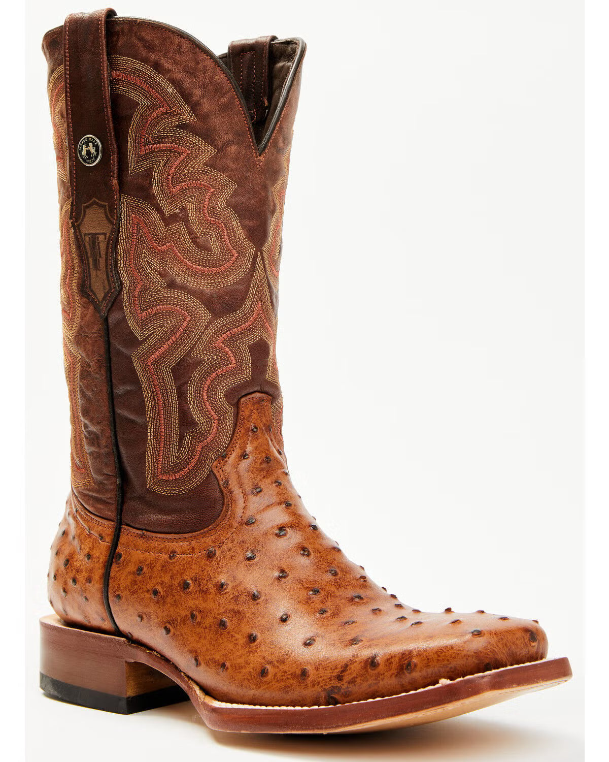 Tanner Mark Men's Ostrich Print Cognac Square Toe Boots