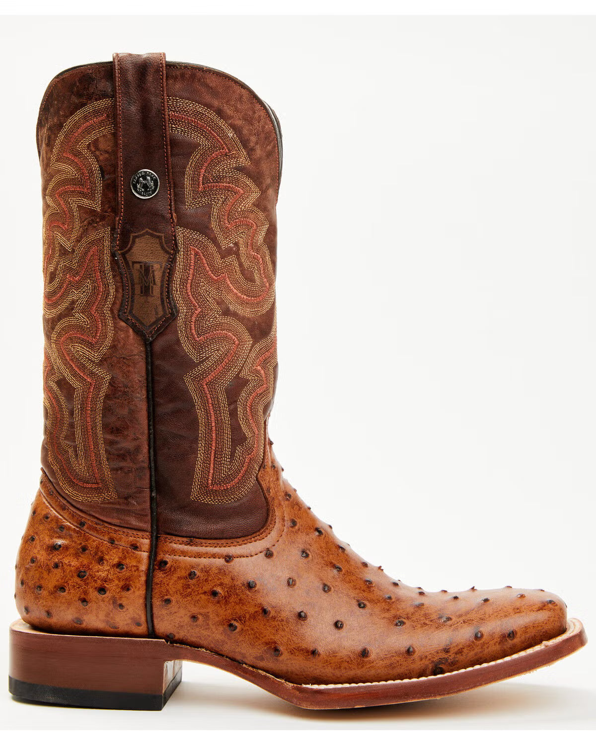 Tanner Mark Men's Ostrich Print Cognac Square Toe Boots