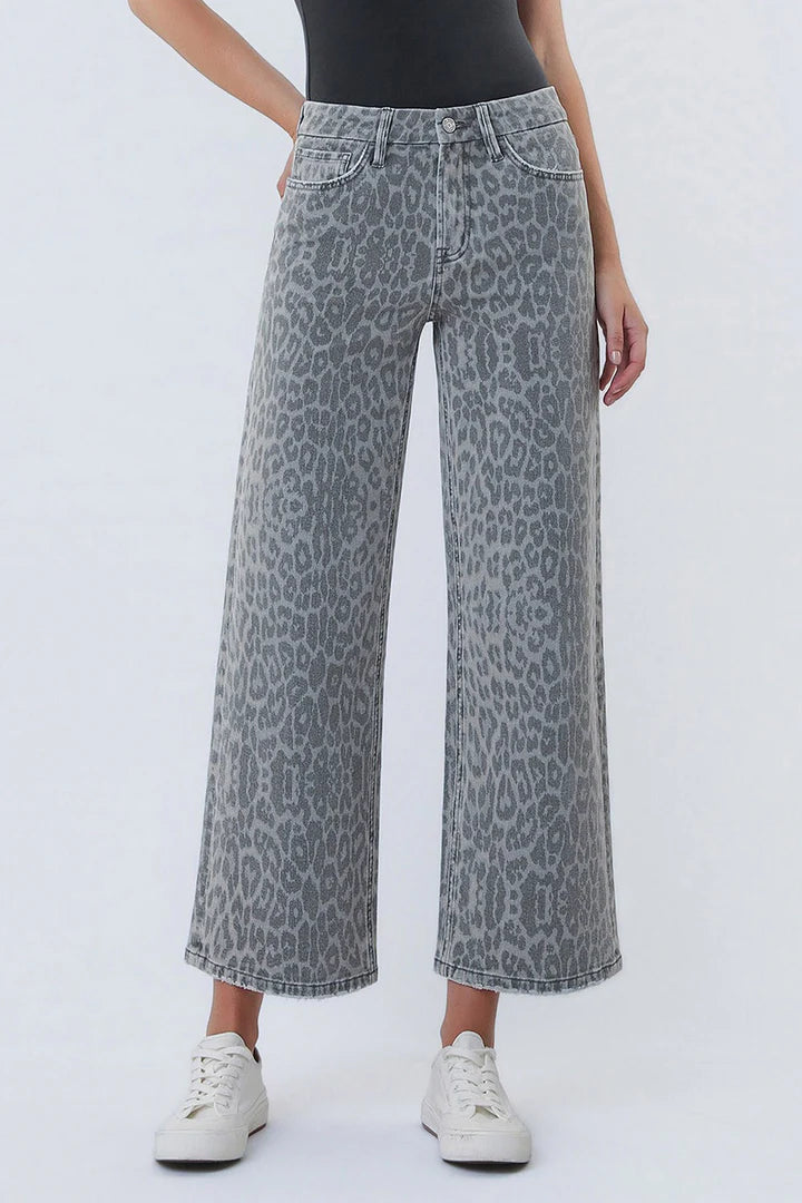 The Tylee High Rise Crop Wide Leg Jeans in Grey Leopard