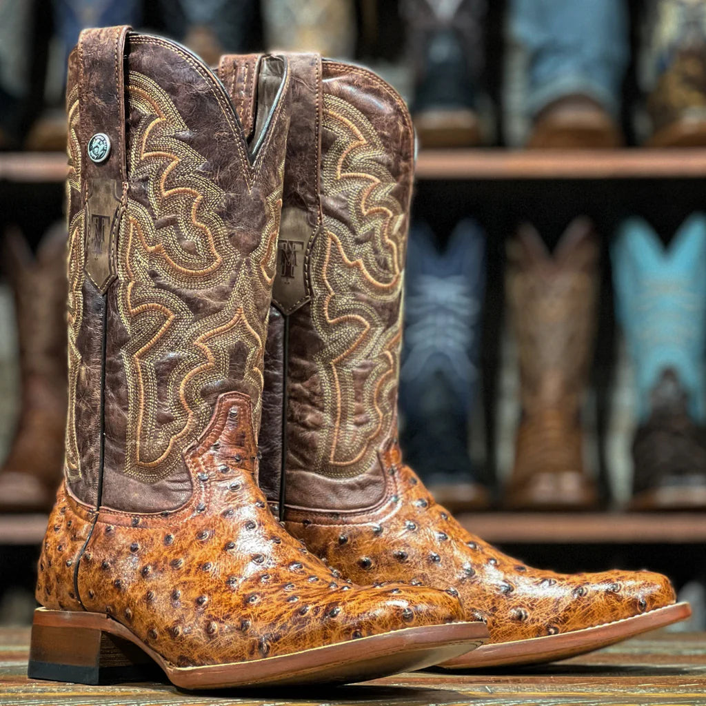 Tanner Mark Men's Ostrich Print Cognac Square Toe Boots