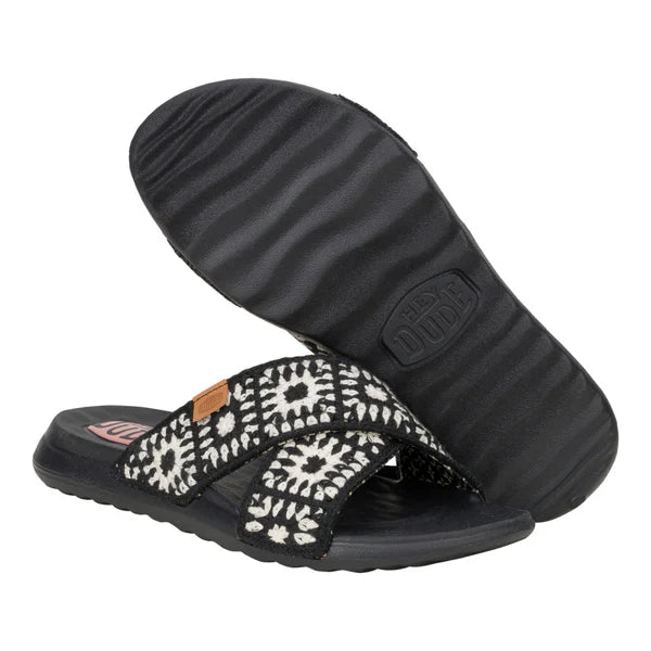Women's Hey Dude Christi Slide Cottage Crochet in Black/White