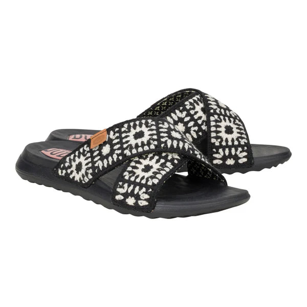 Women's Hey Dude Christi Slide Cottage Crochet in Black/White