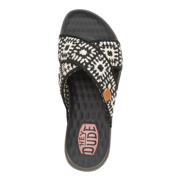 Women's Hey Dude Christi Slide Cottage Crochet in Black/White
