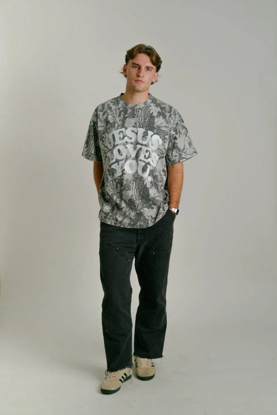 Jesus Loves You Camo Tee in Grey