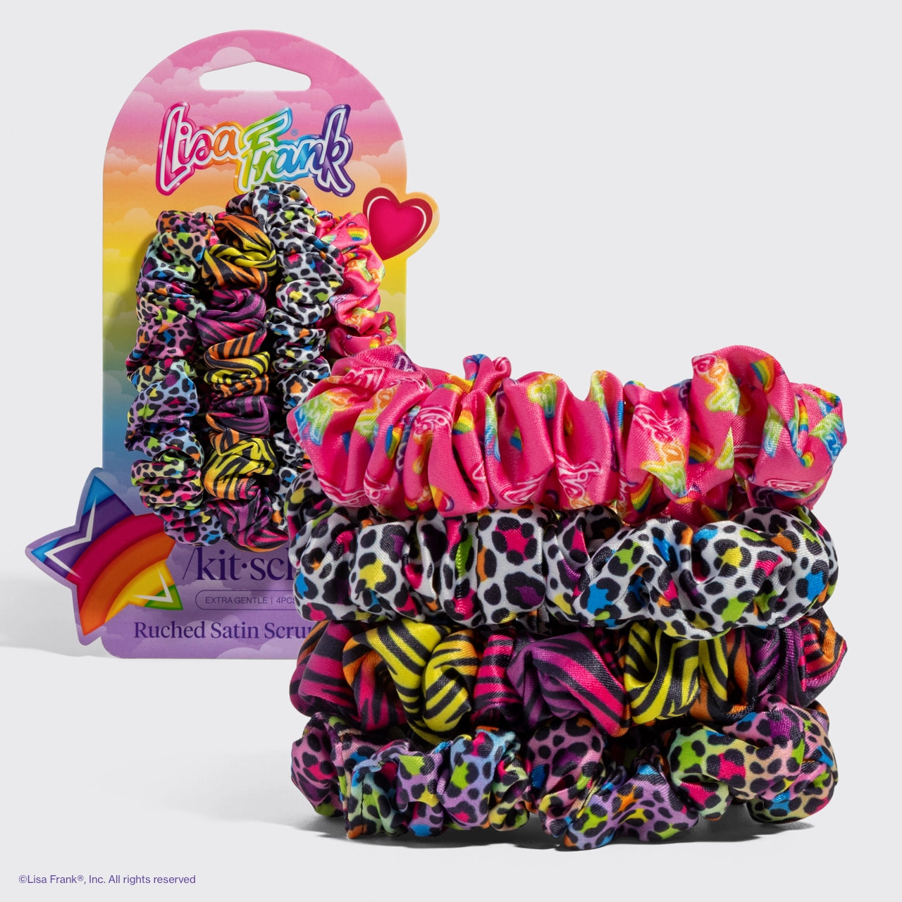 Lisa Frank X Kitsch Ruched Satin Scrunchies - Rainbow Leopard