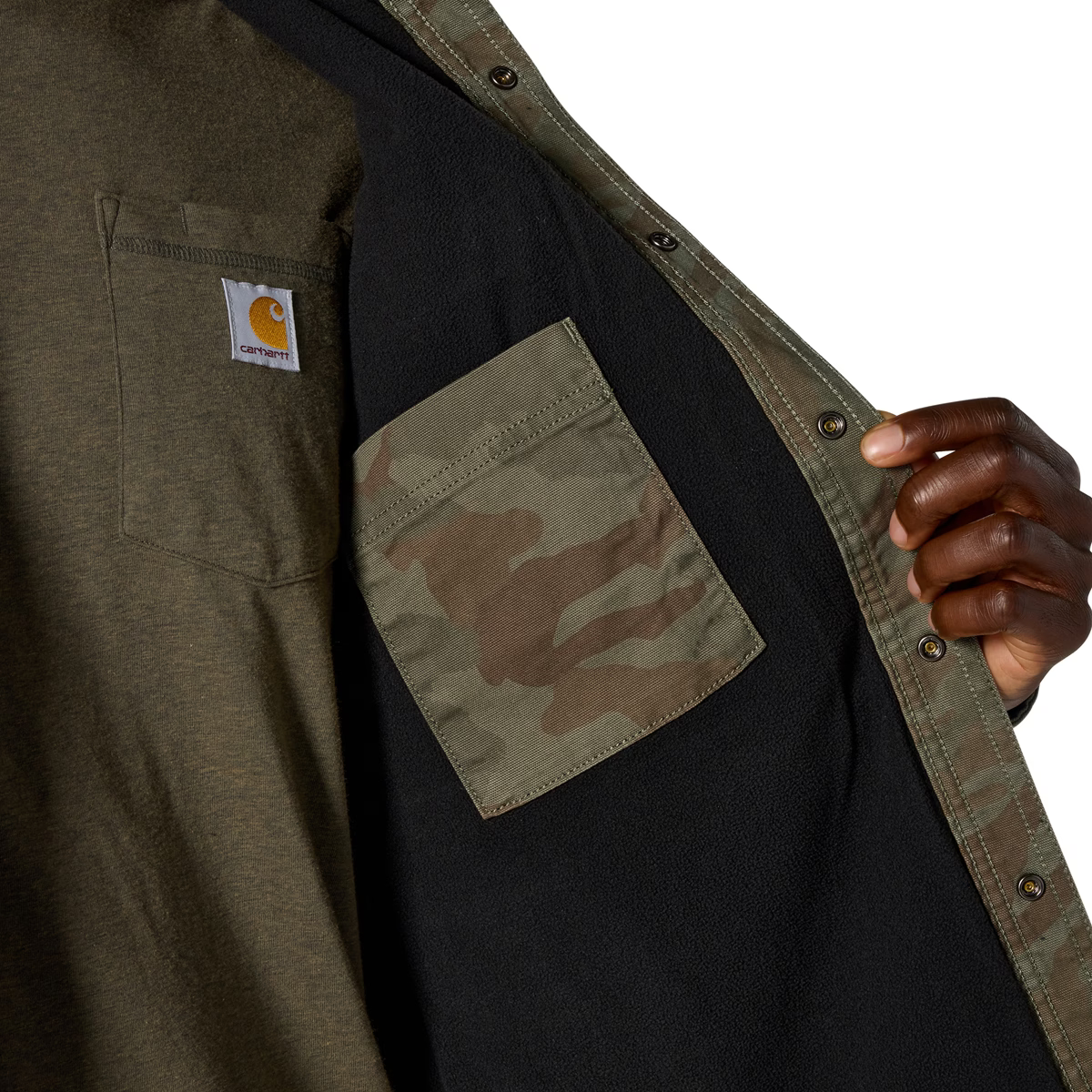 Carhartt | Rugged Flex Relaxed Fit Canvas Fleece Shirt Jacket in Army Green Camo
