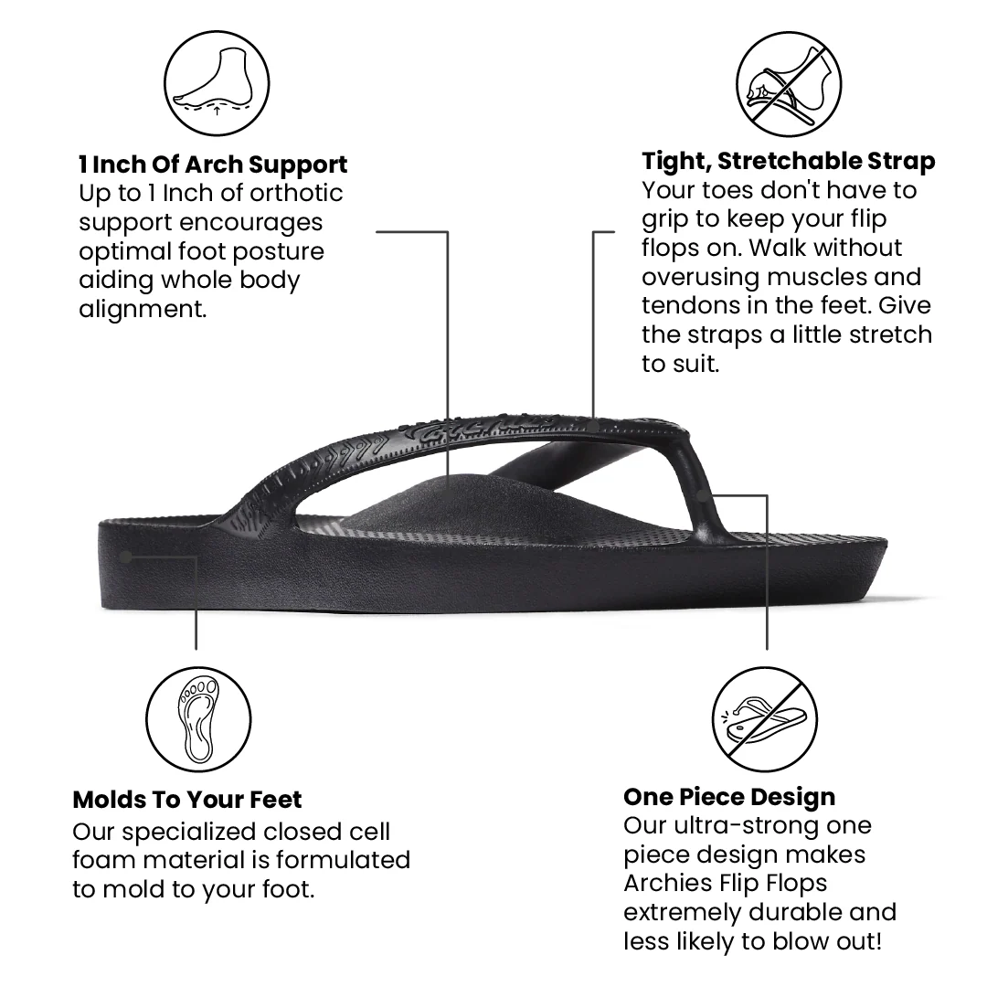 Archies Unisex Arch Support Flip Flops - Black