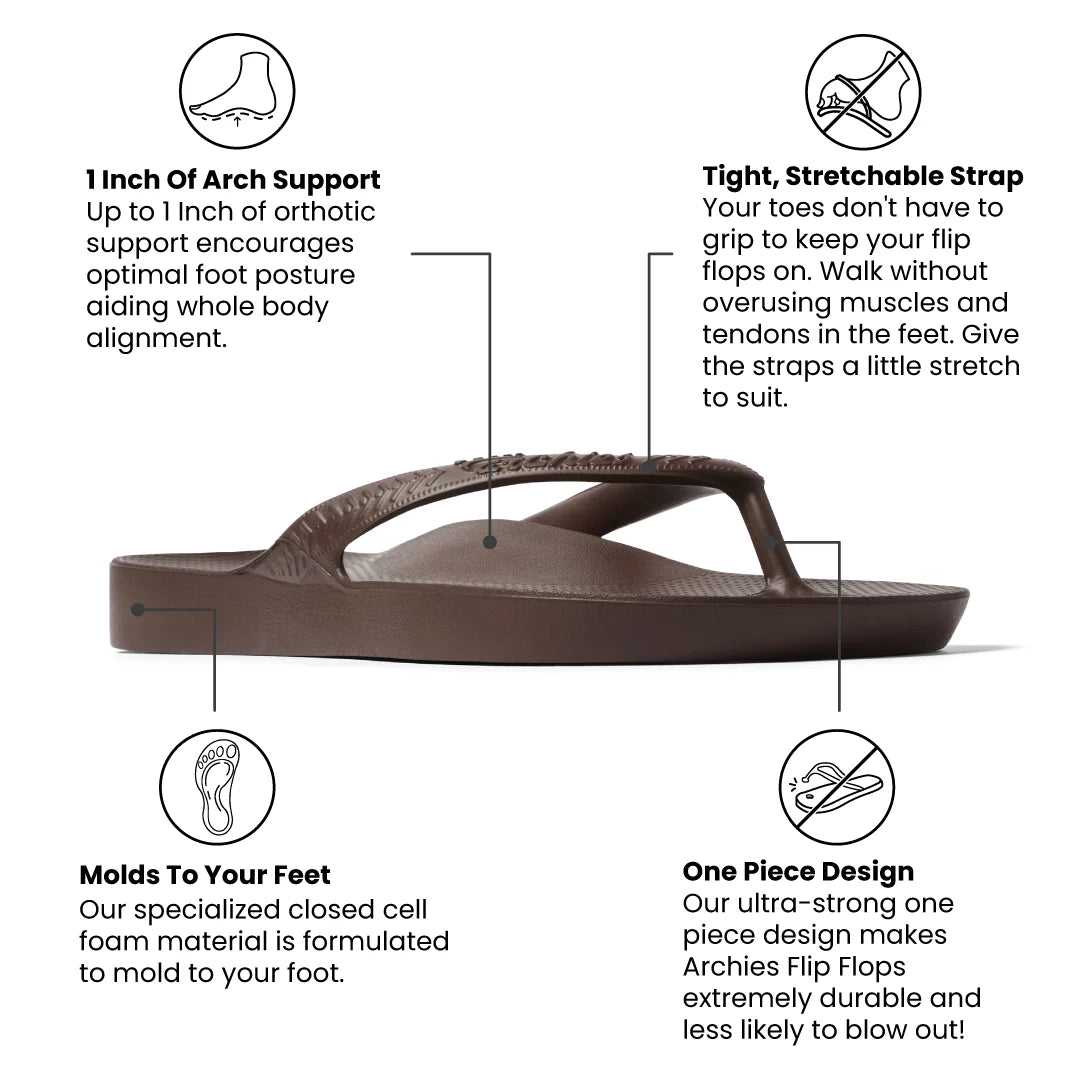 Archies Unisex Arch Support Flip Flops - Brown