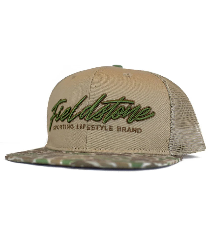 Fieldstone 6 Panel Script Logo Camo Bill Cap