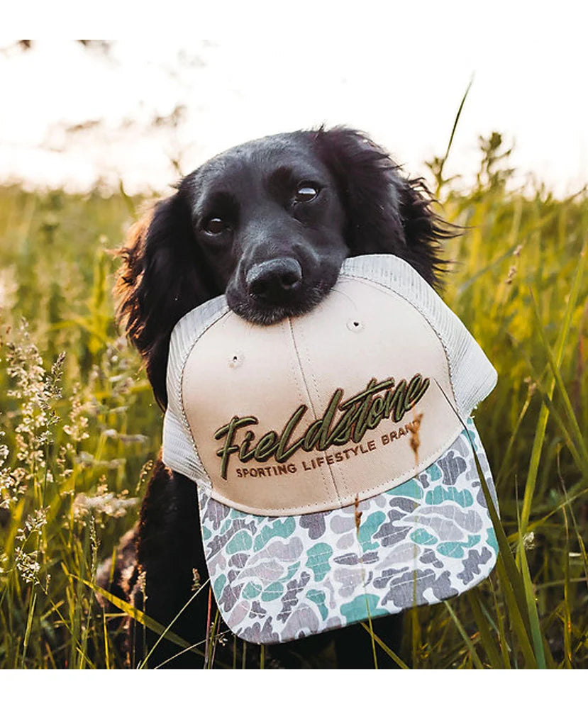 Fieldstone 6 Panel Script Logo Camo Bill Cap