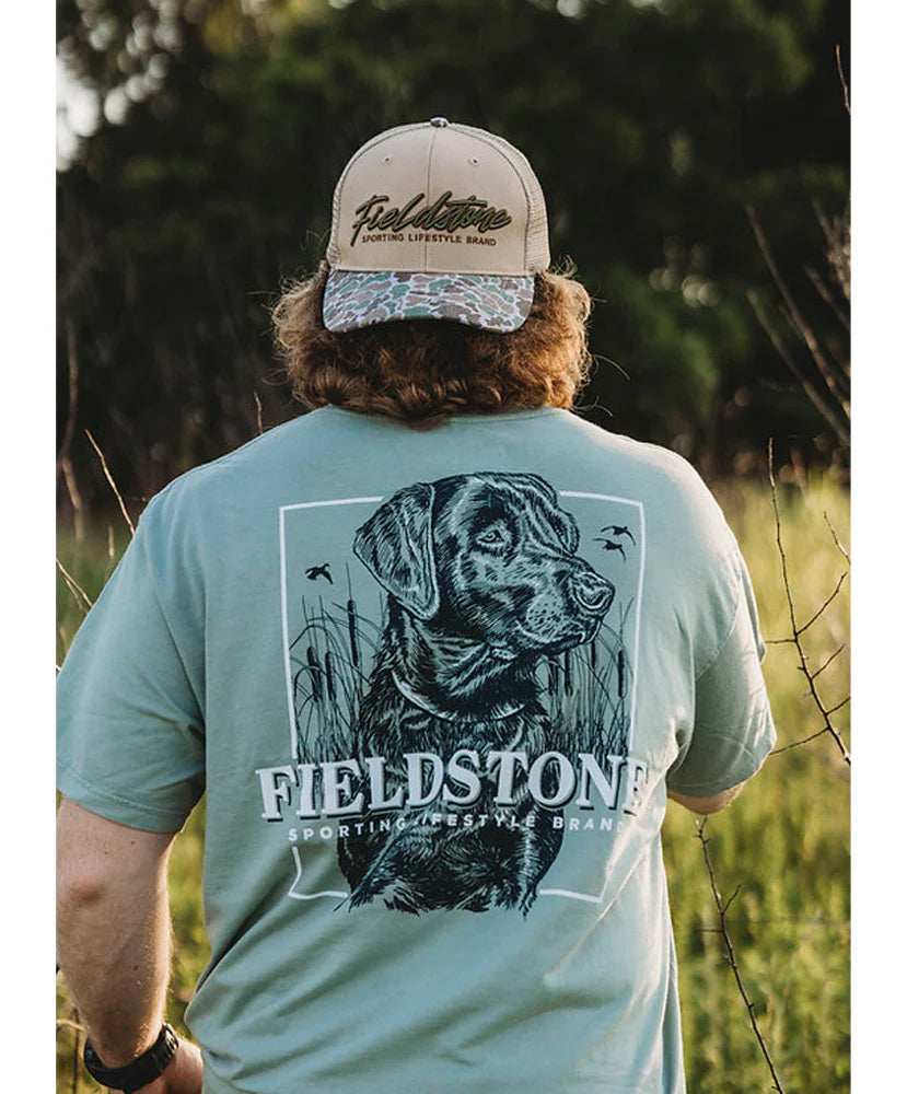 Fieldstone 6 Panel Script Logo Camo Bill Cap