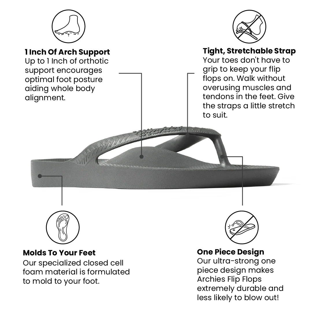 Archies Unisex Arch Support Flip Flops - Charcoal