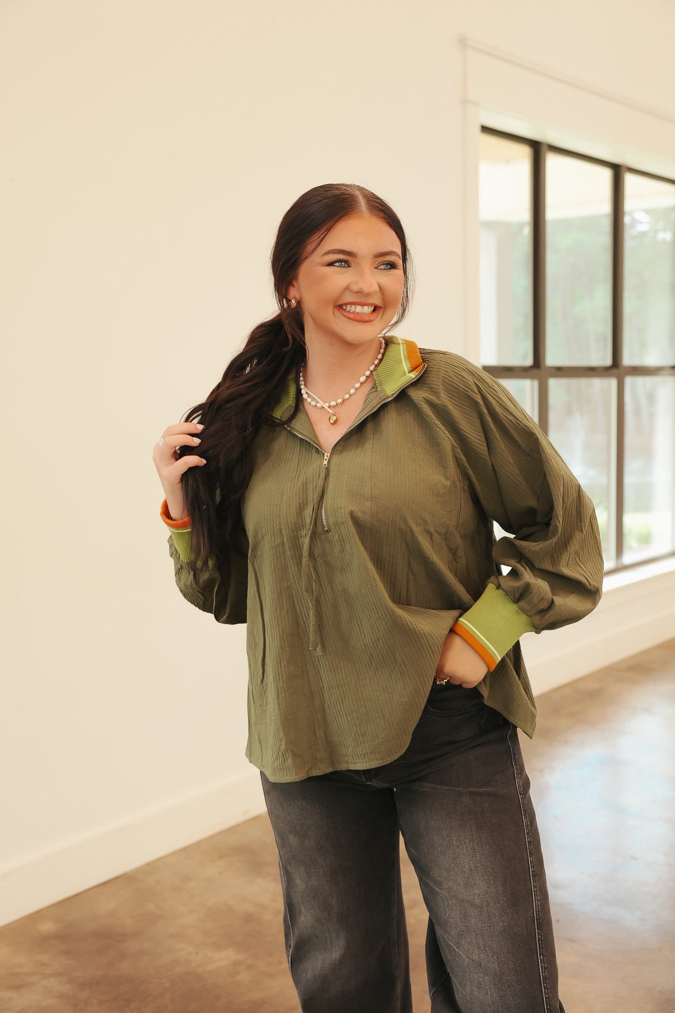 Fall Into Place Olive Top