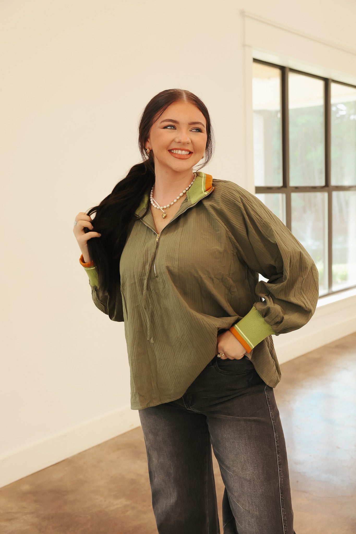 Fall Into Place Olive Top