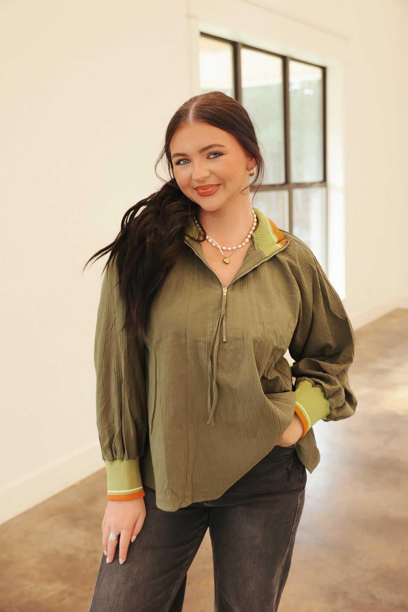 Fall Into Place Olive Top