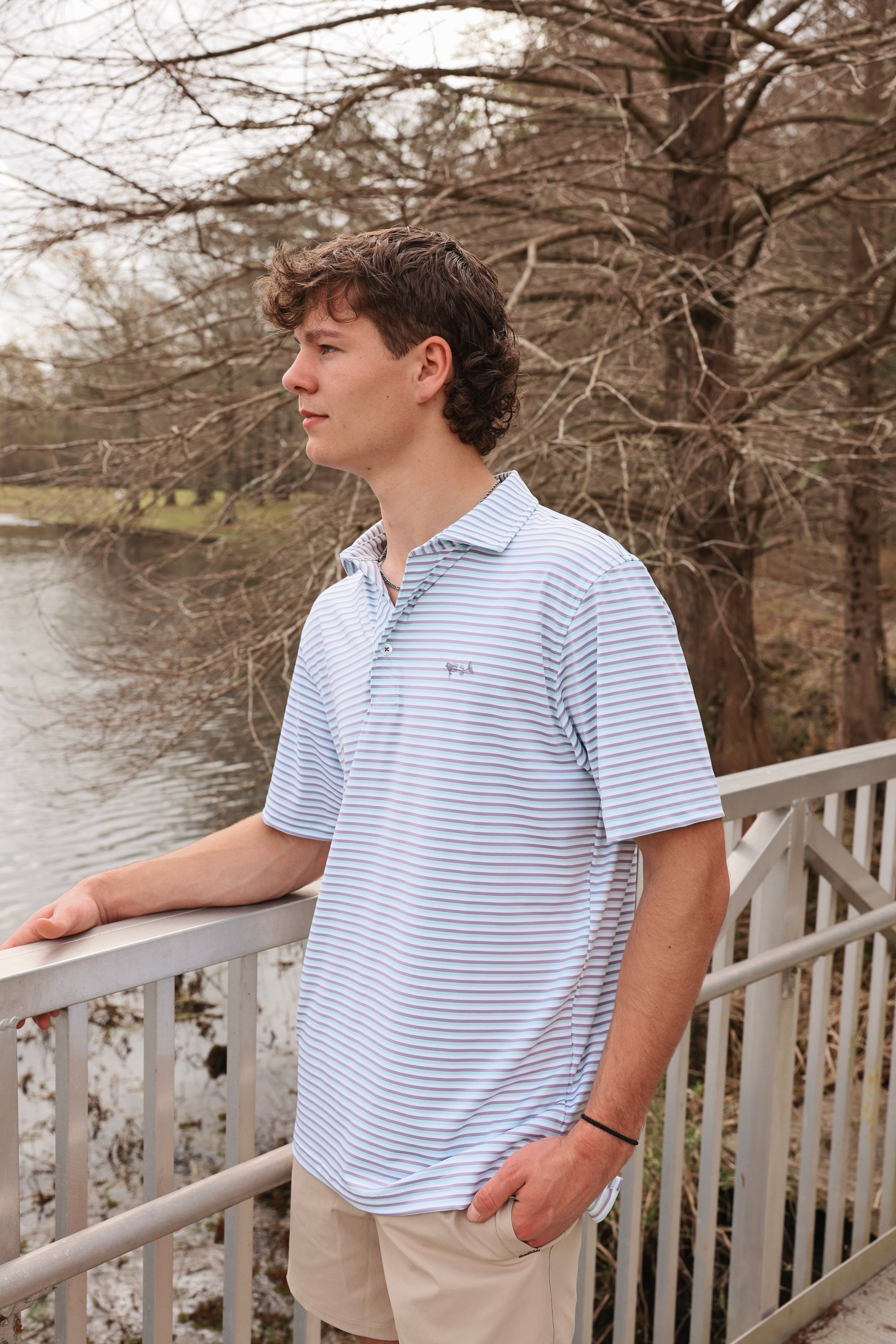 Coastal Cotton Men's Performance Polo in Aqua Stripe