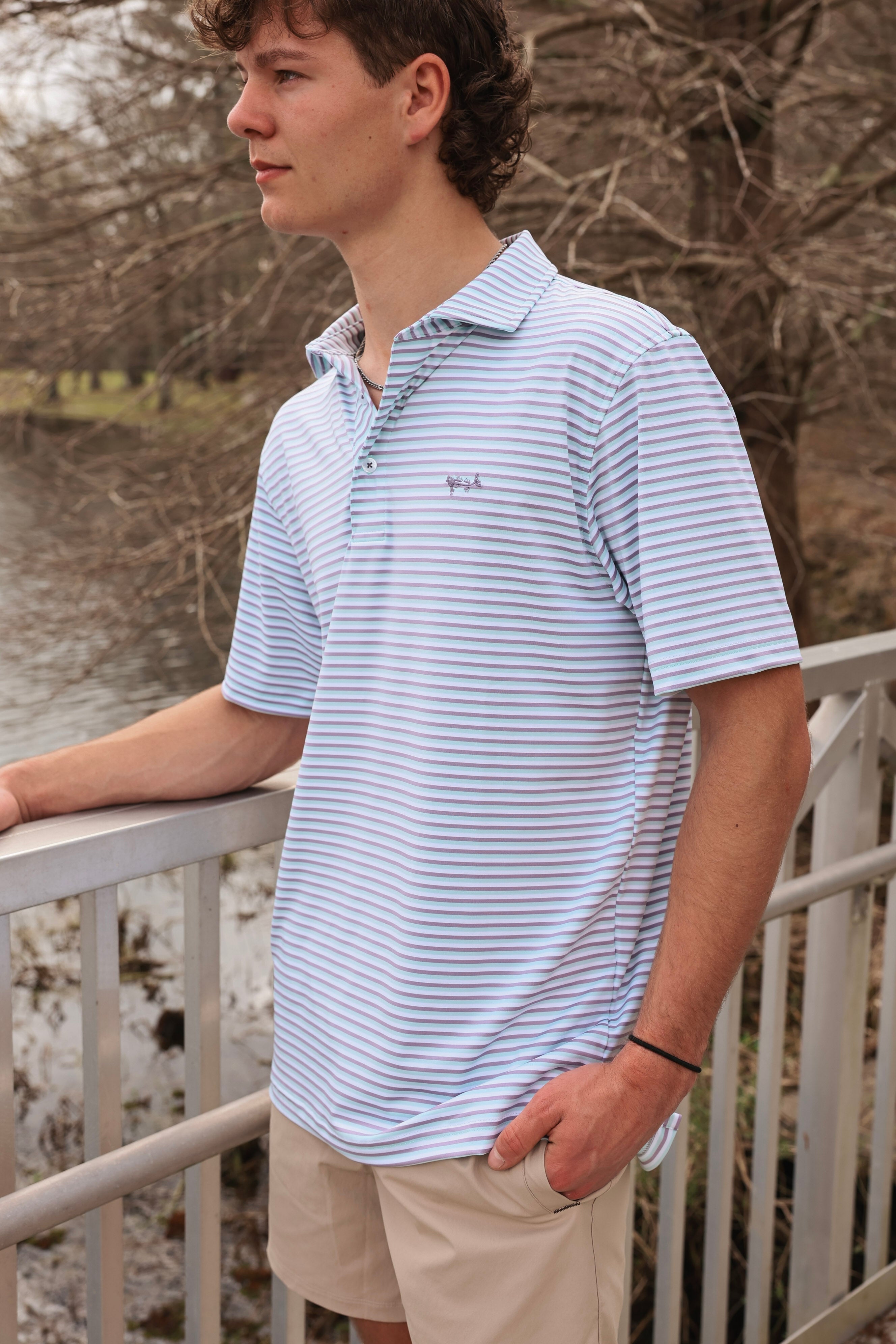 Coastal Cotton Men's Performance Polo in Aqua Stripe