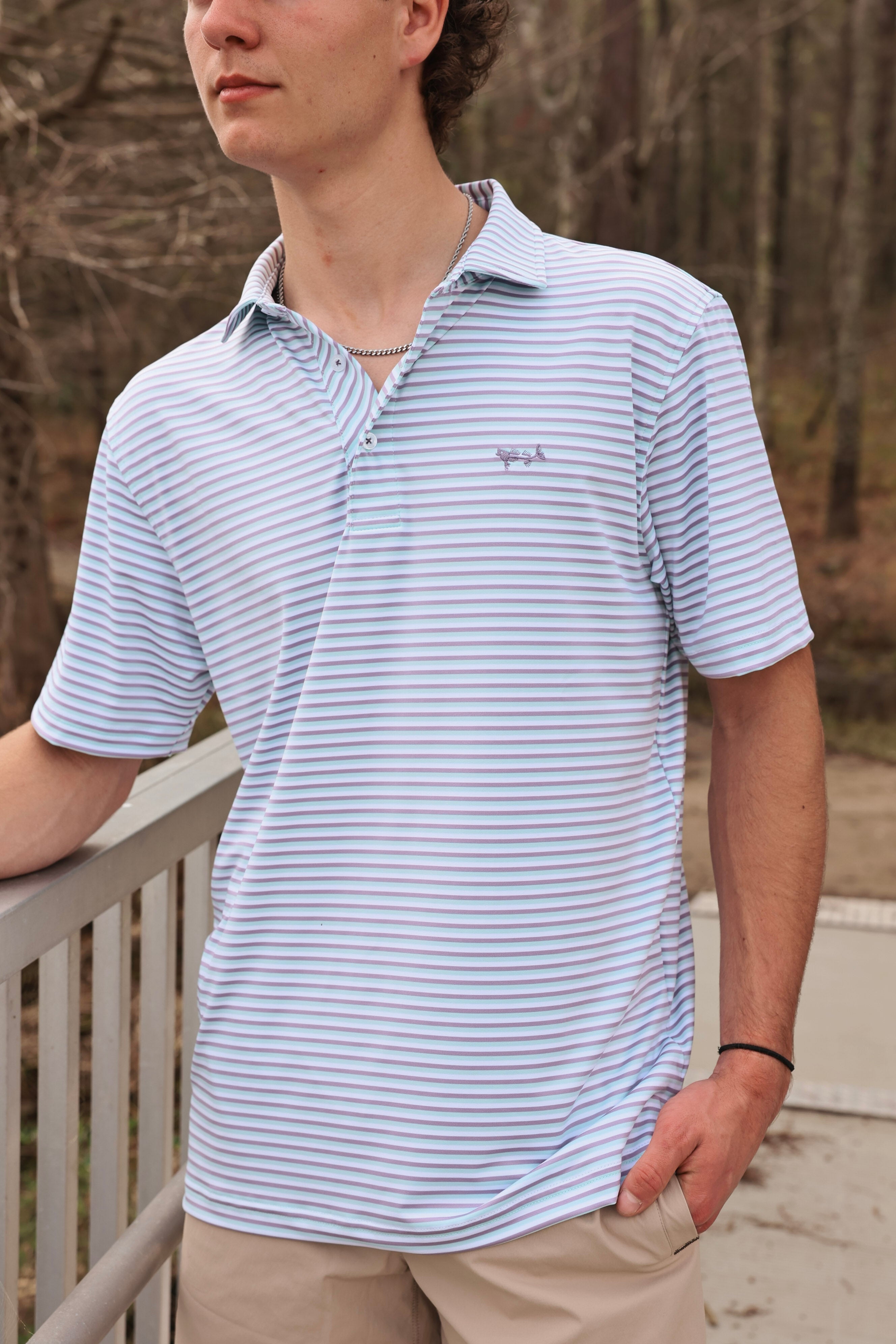Coastal Cotton Men's Performance Polo in Aqua Stripe