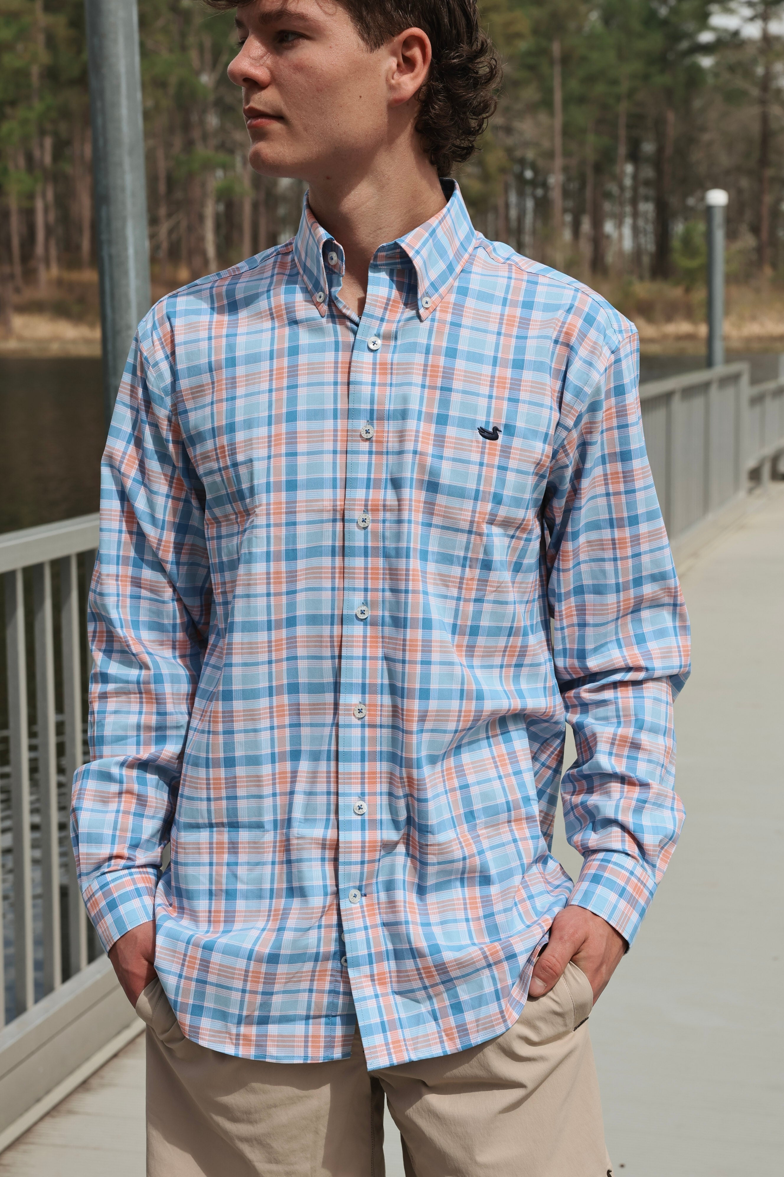 Southern Marsh Franklin Performance Gingham Dress Shirt in Royal and Orange