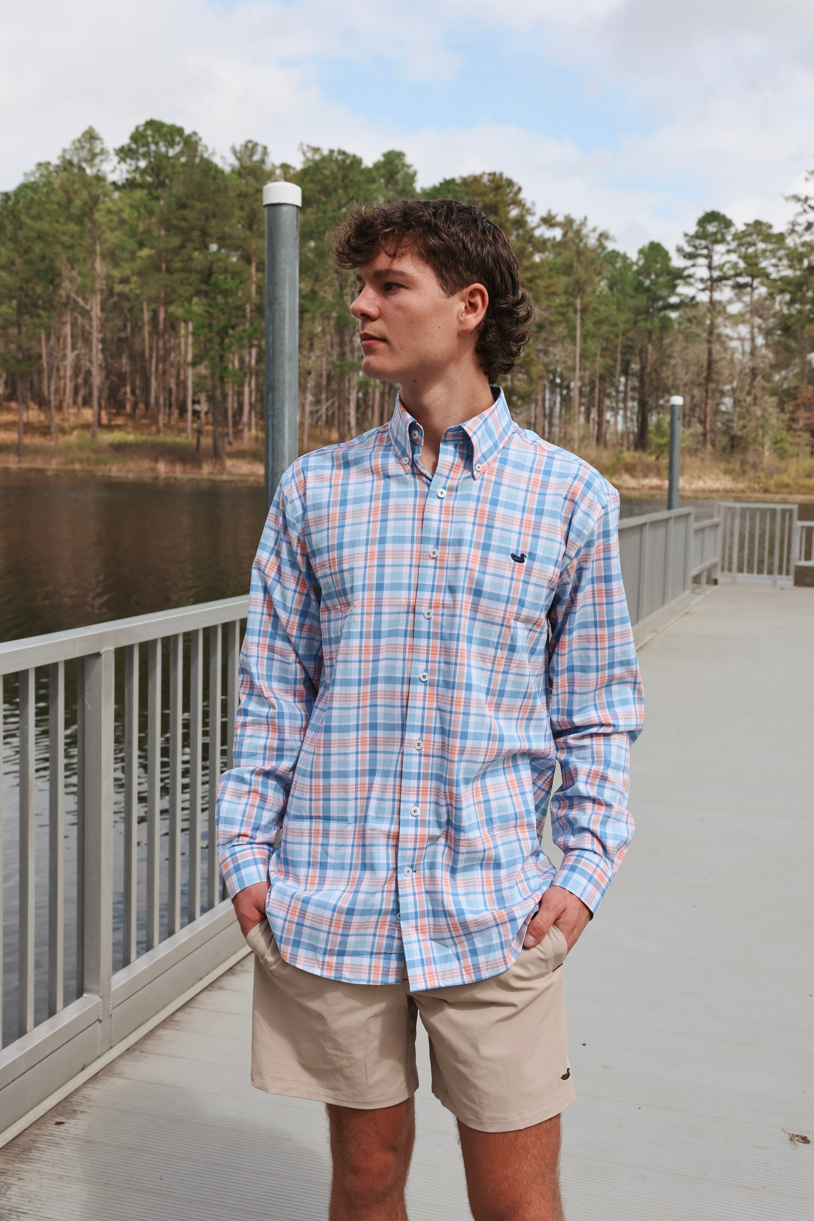 Southern Marsh Franklin Performance Gingham Dress Shirt in Royal and Orange