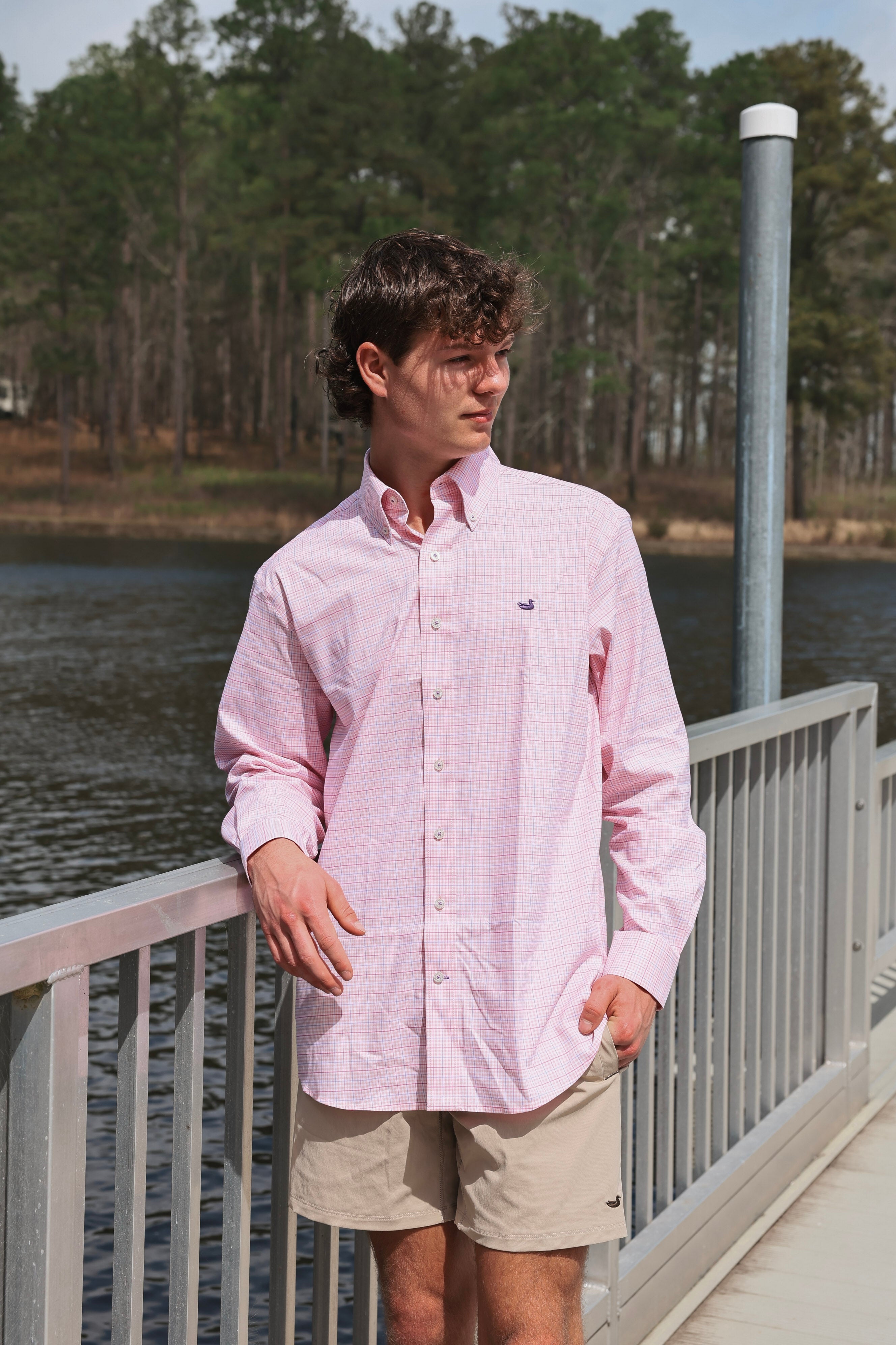 Southern Marsh Dyer Performance Gingham Dress Shirt in Camelia & Wharf Purple