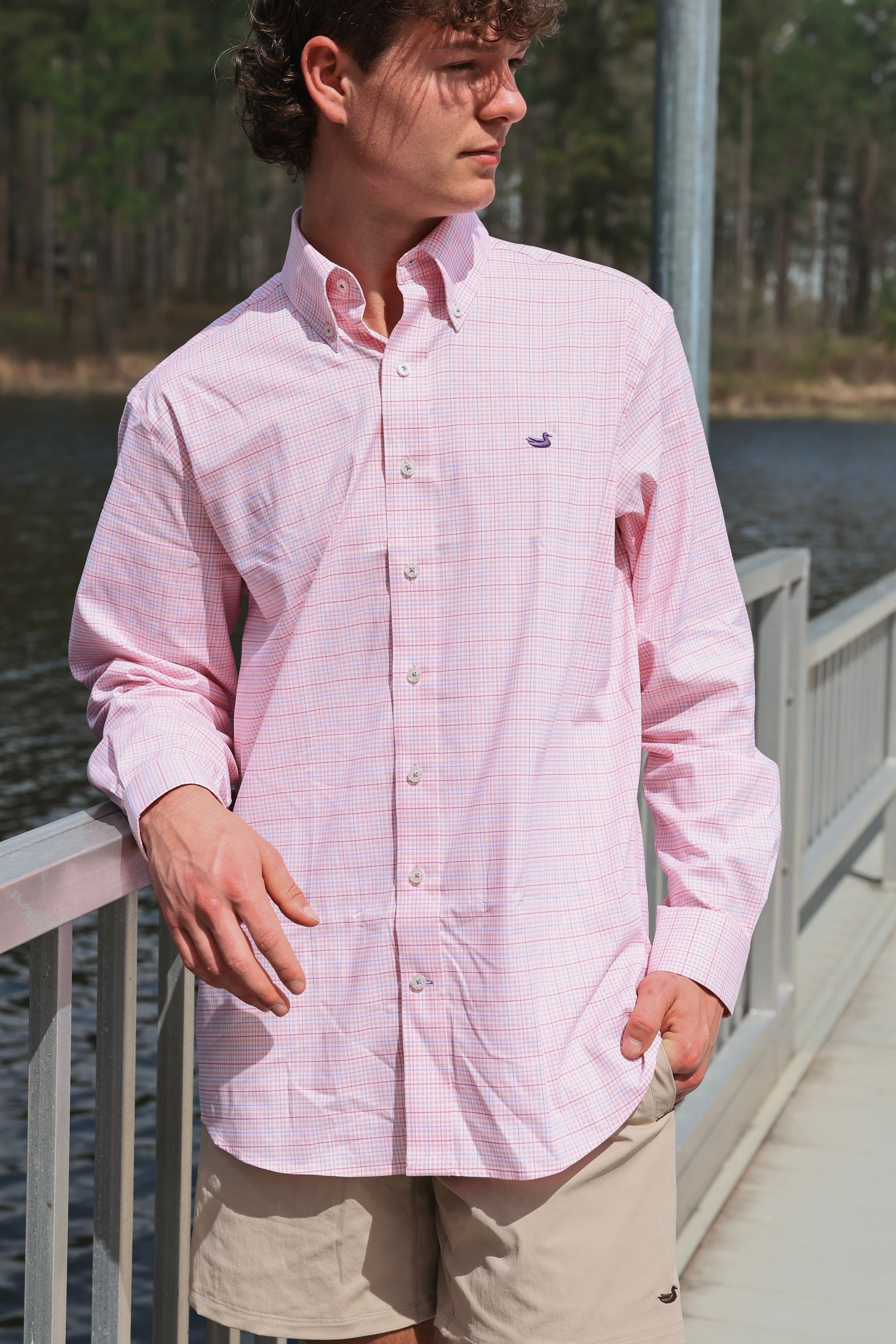 Southern Marsh Dyer Performance Gingham Dress Shirt in Camelia & Wharf Purple