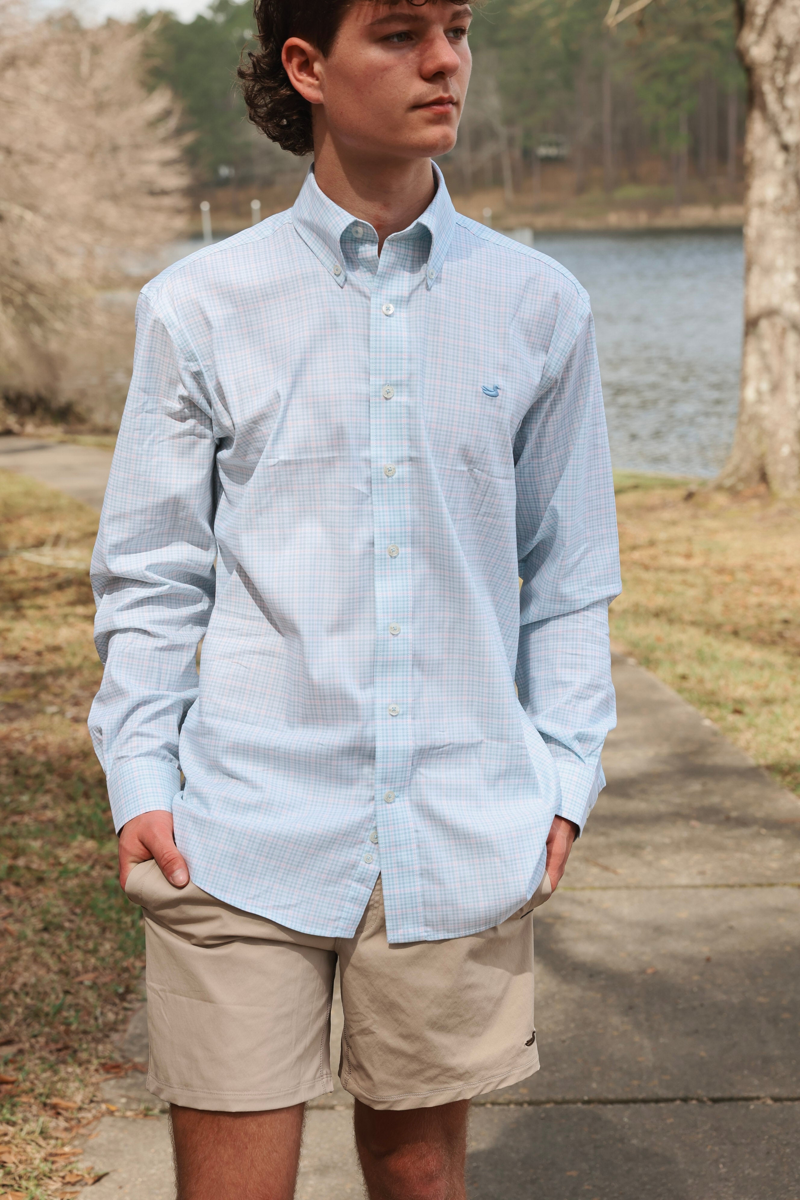 Southern Marsh Dyer Performance Gingham Dress Shirt in Light Blue & Mint