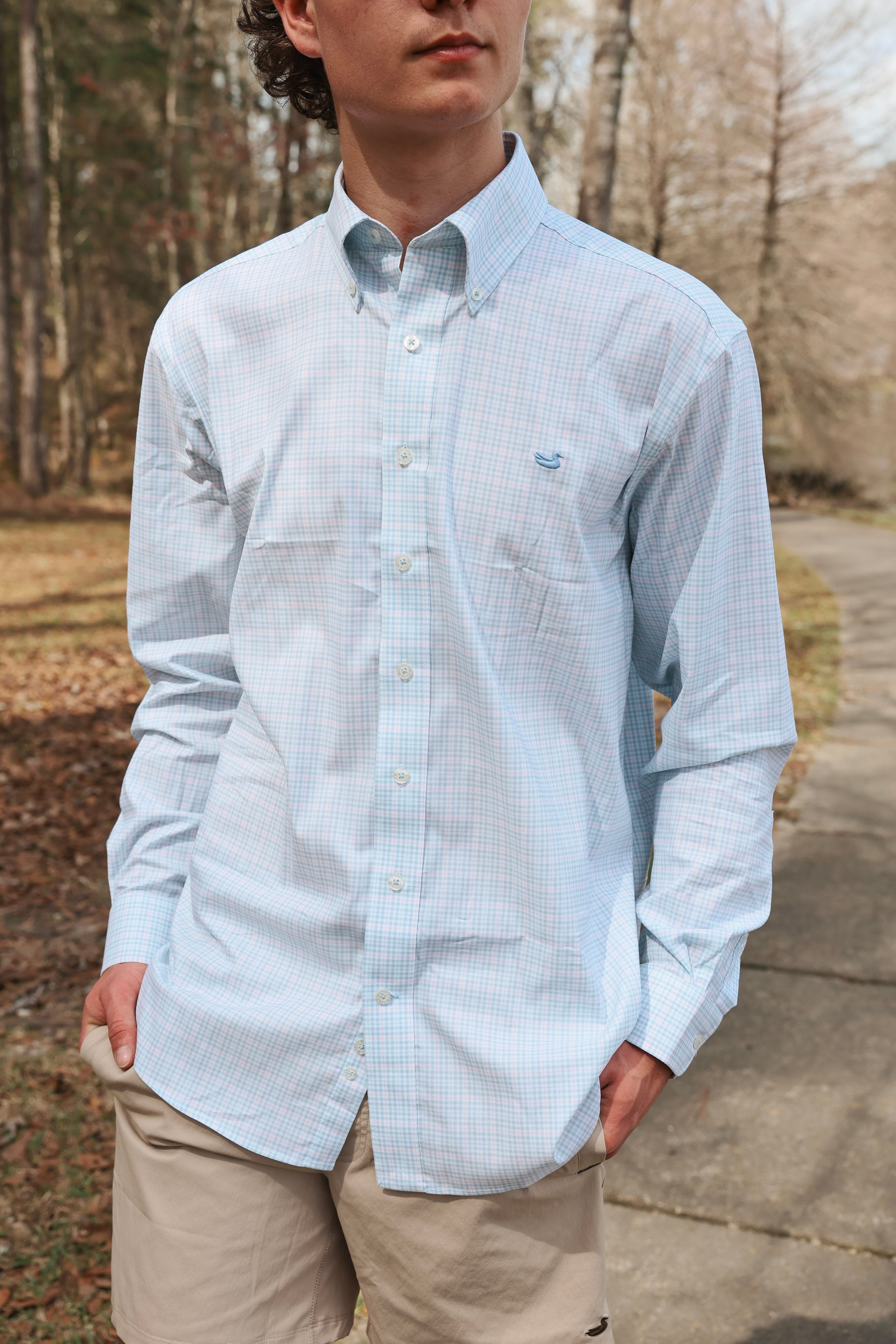 Southern Marsh Dyer Performance Gingham Dress Shirt in Light Blue & Mint