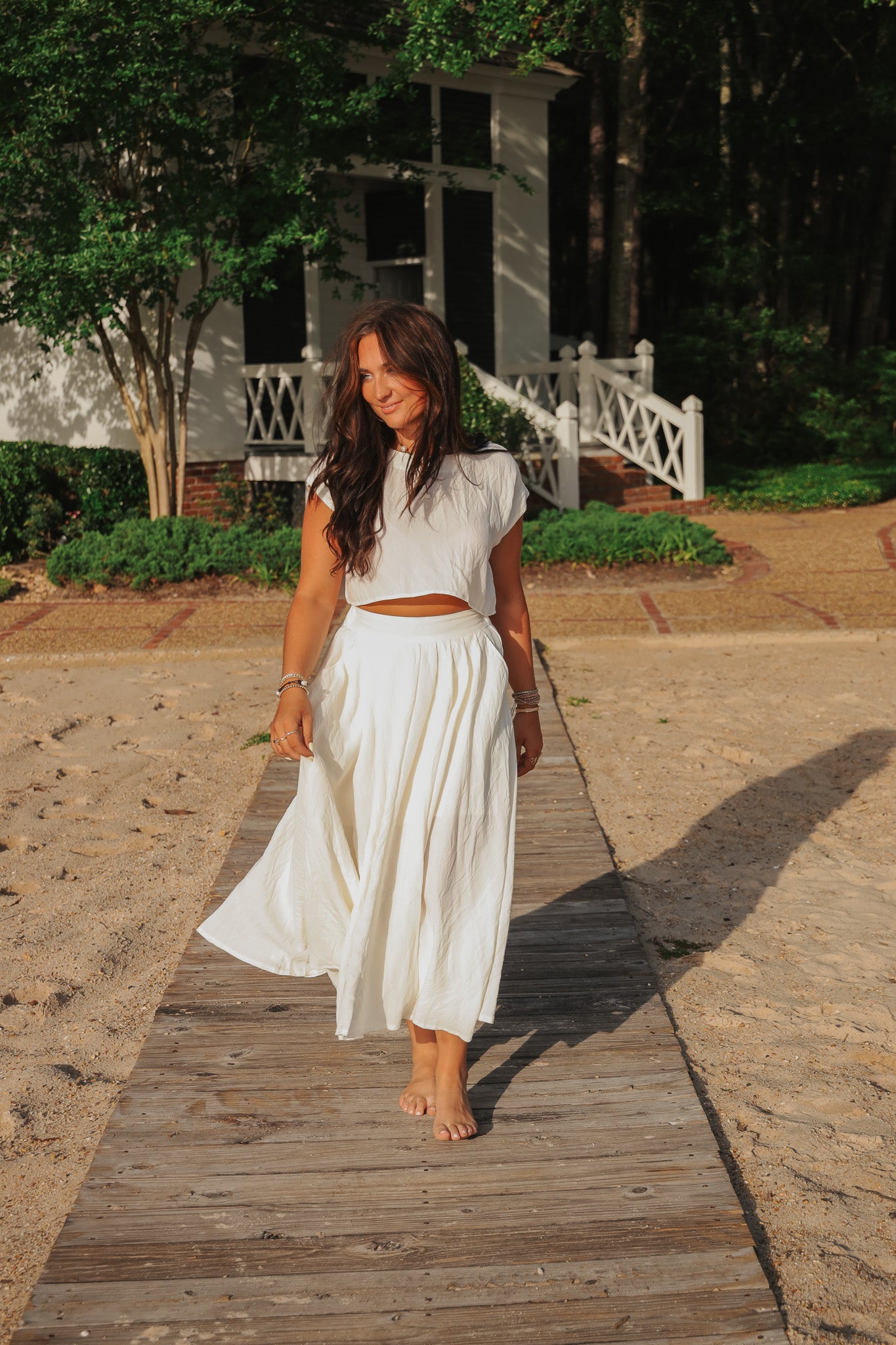 The Santorini Cream Crop Top + Midi Skirt Set