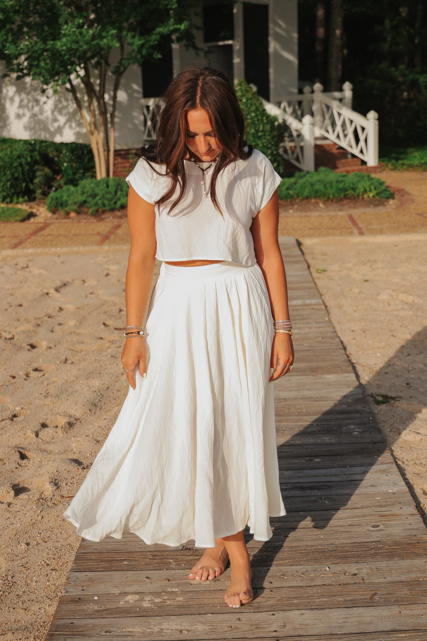 The Santorini Cream Crop Top + Midi Skirt Set