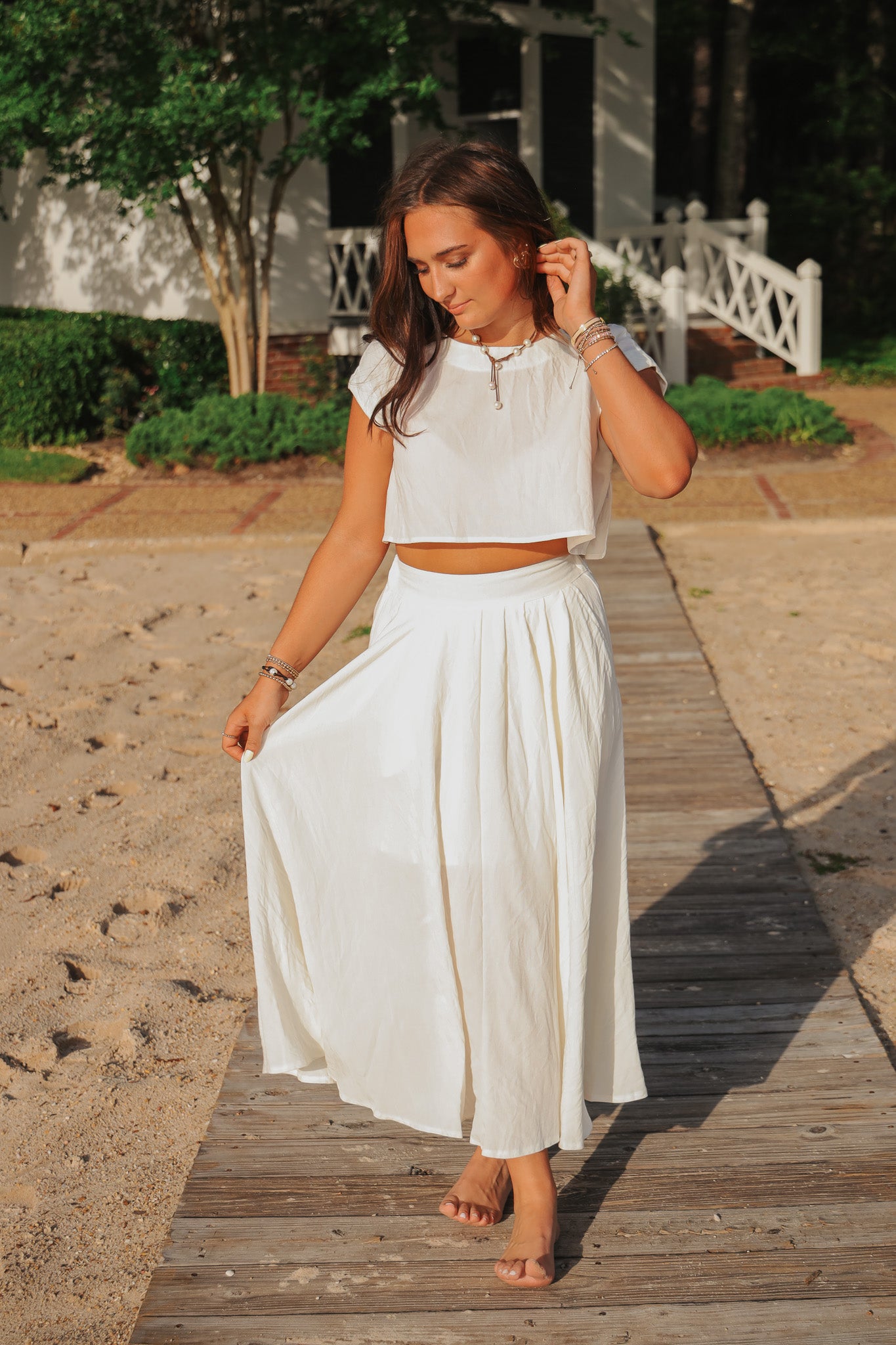 The Santorini Cream Crop Top + Midi Skirt Set