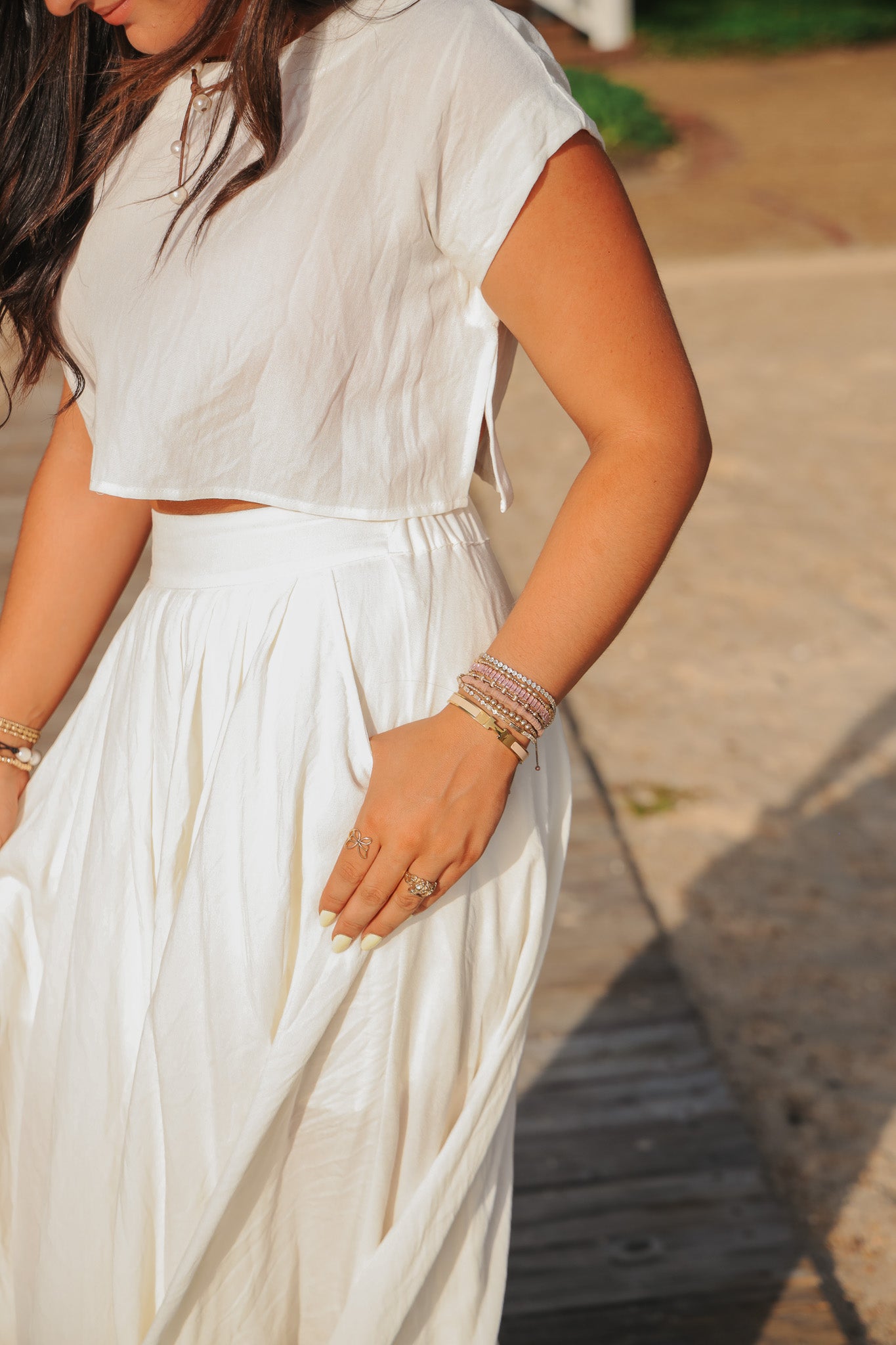 The Santorini Cream Crop Top + Midi Skirt Set