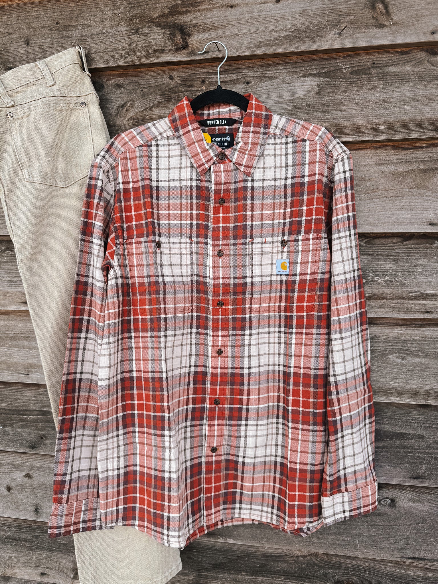 Carhartt Rugged Flex Relaxed Fit Lightweight Long-Sleeve Plaid Shirt in Spiced Red
