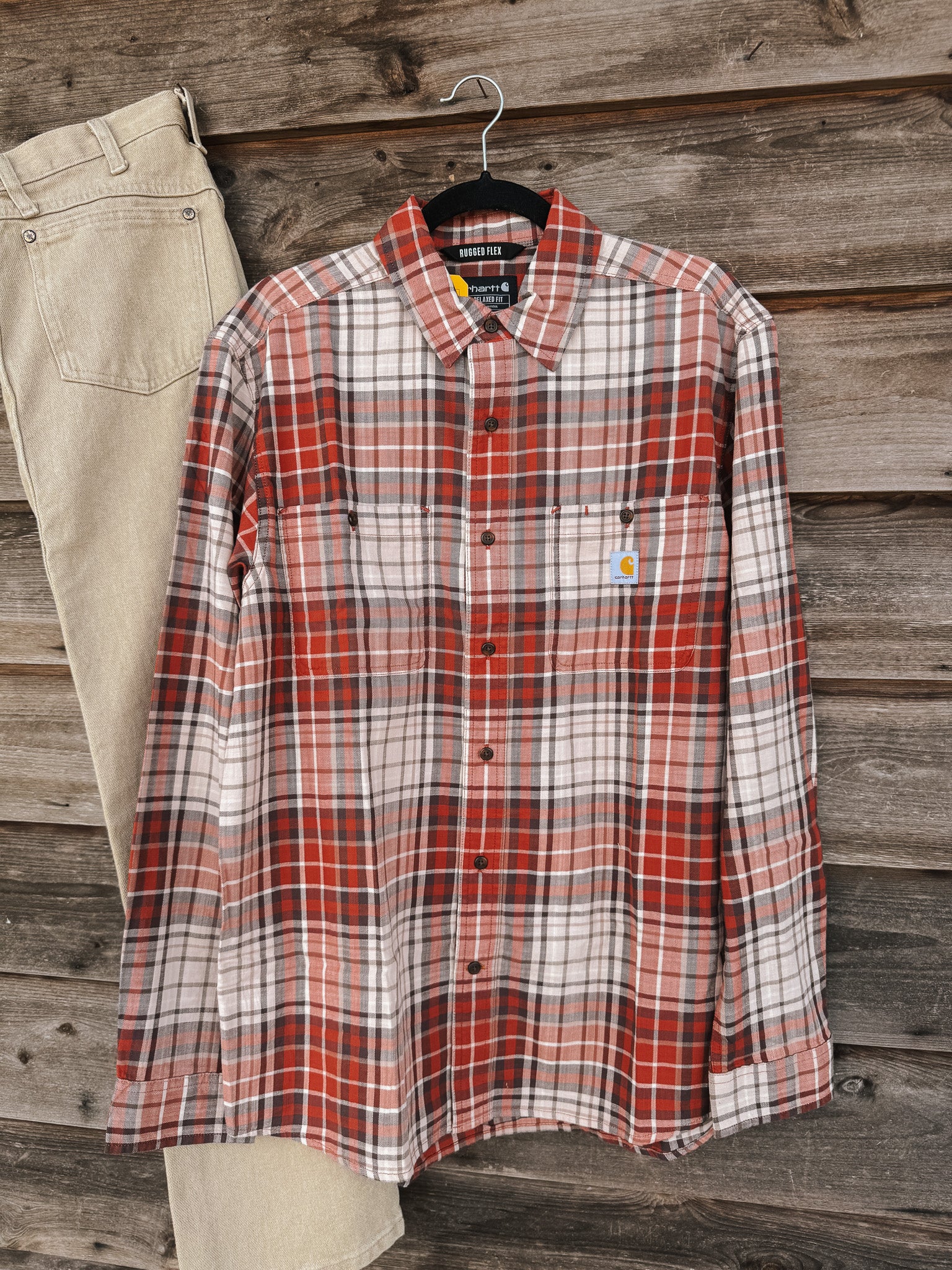Carhartt Rugged Flex Relaxed Fit Lightweight Long-Sleeve Plaid Shirt in Spiced Red