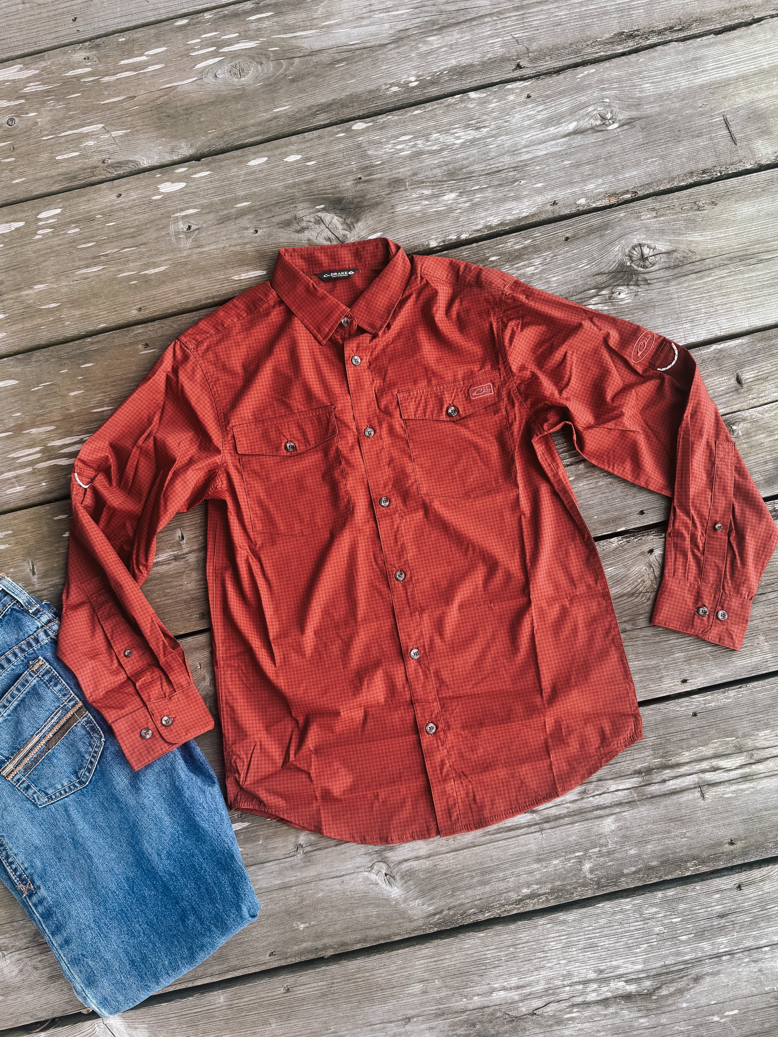 Men's Drake Frat Gingham Check Button-Down Long Sleeve Shirt in Tomato