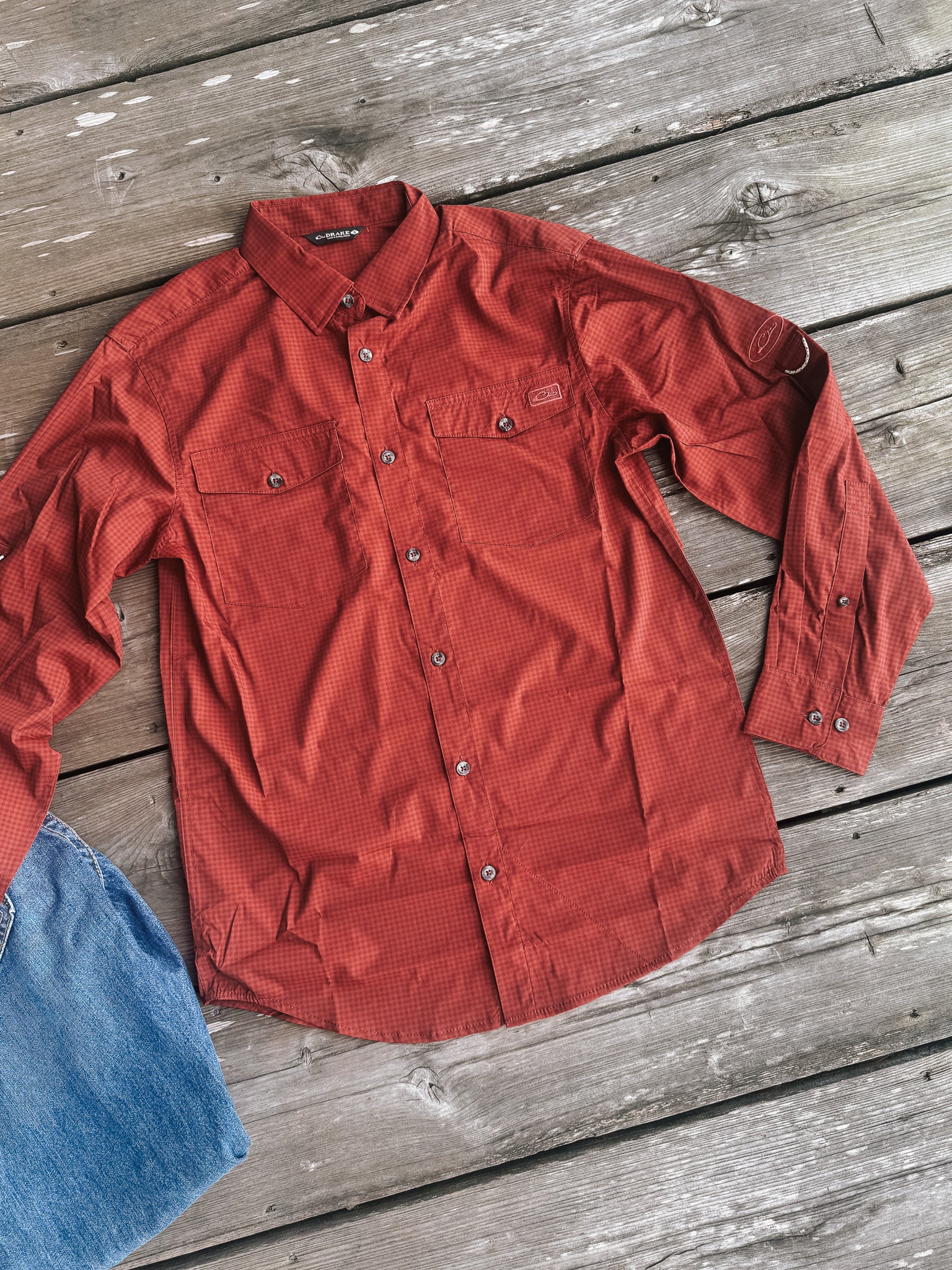 Men's Drake Frat Gingham Check Button-Down Long Sleeve Shirt in Tomato