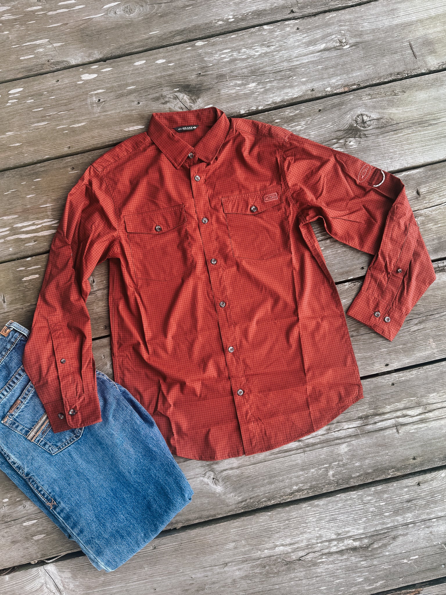 Men's Drake Frat Gingham Check Button-Down Long Sleeve Shirt in Tomato