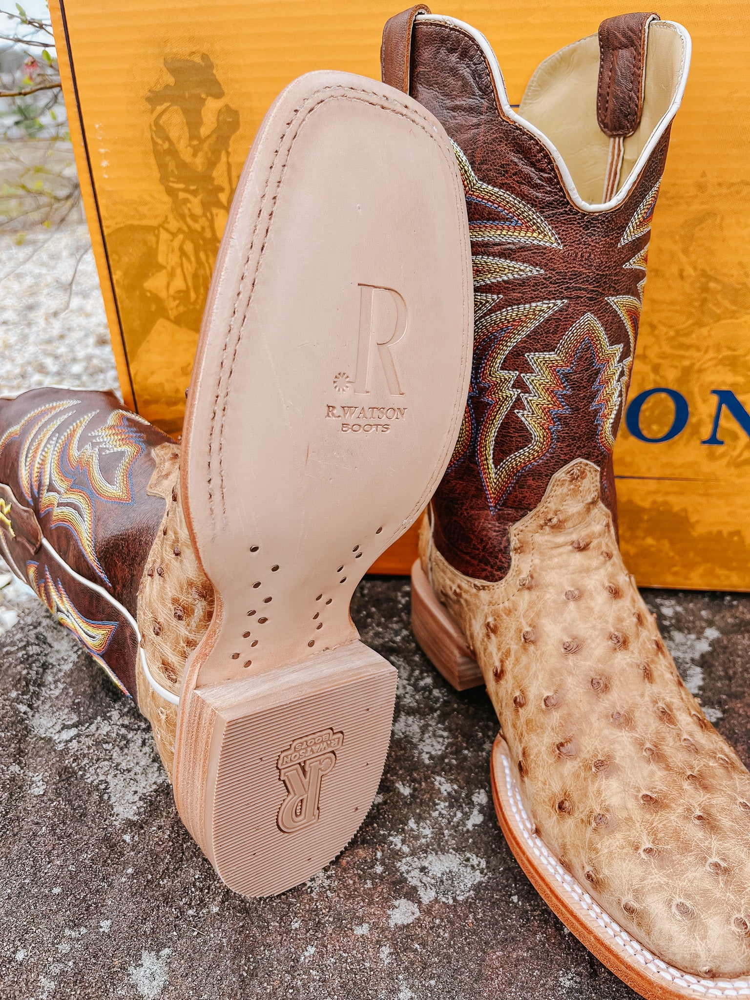 R. WATSON MEN'S ANTIQUE SADDLE FULL QUILL OSTRICH WESTERN BOOTS