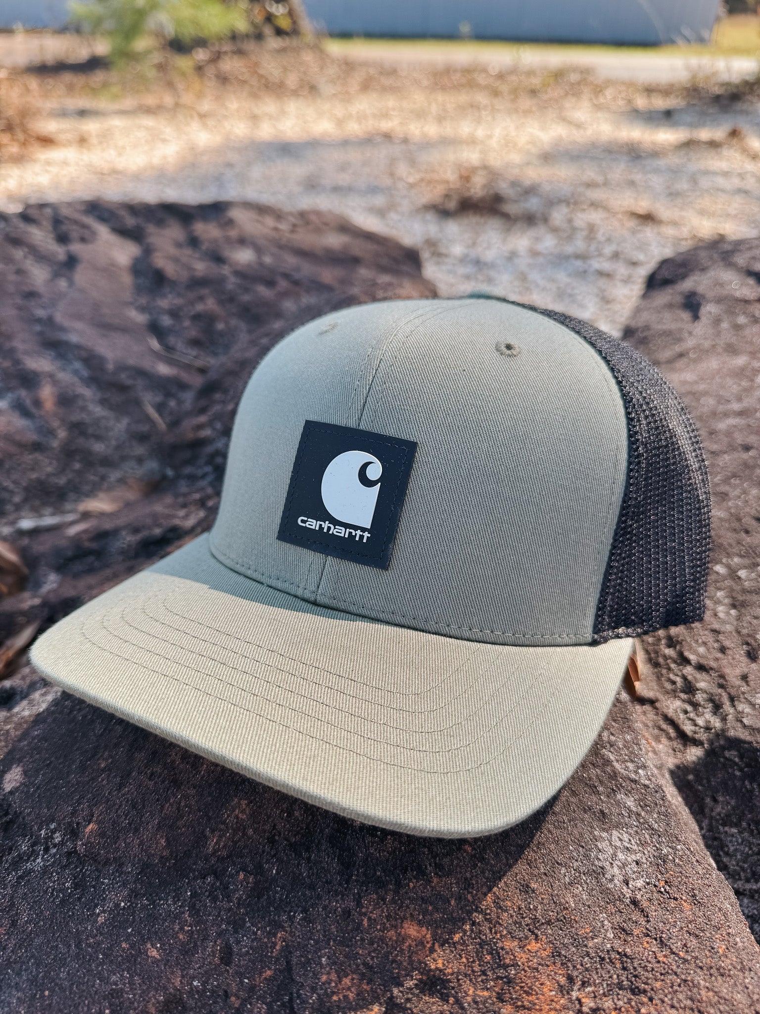 Carhartt Rugged Flex Twill Mesh-Back Logo Patch Cap in Dusty Olive
