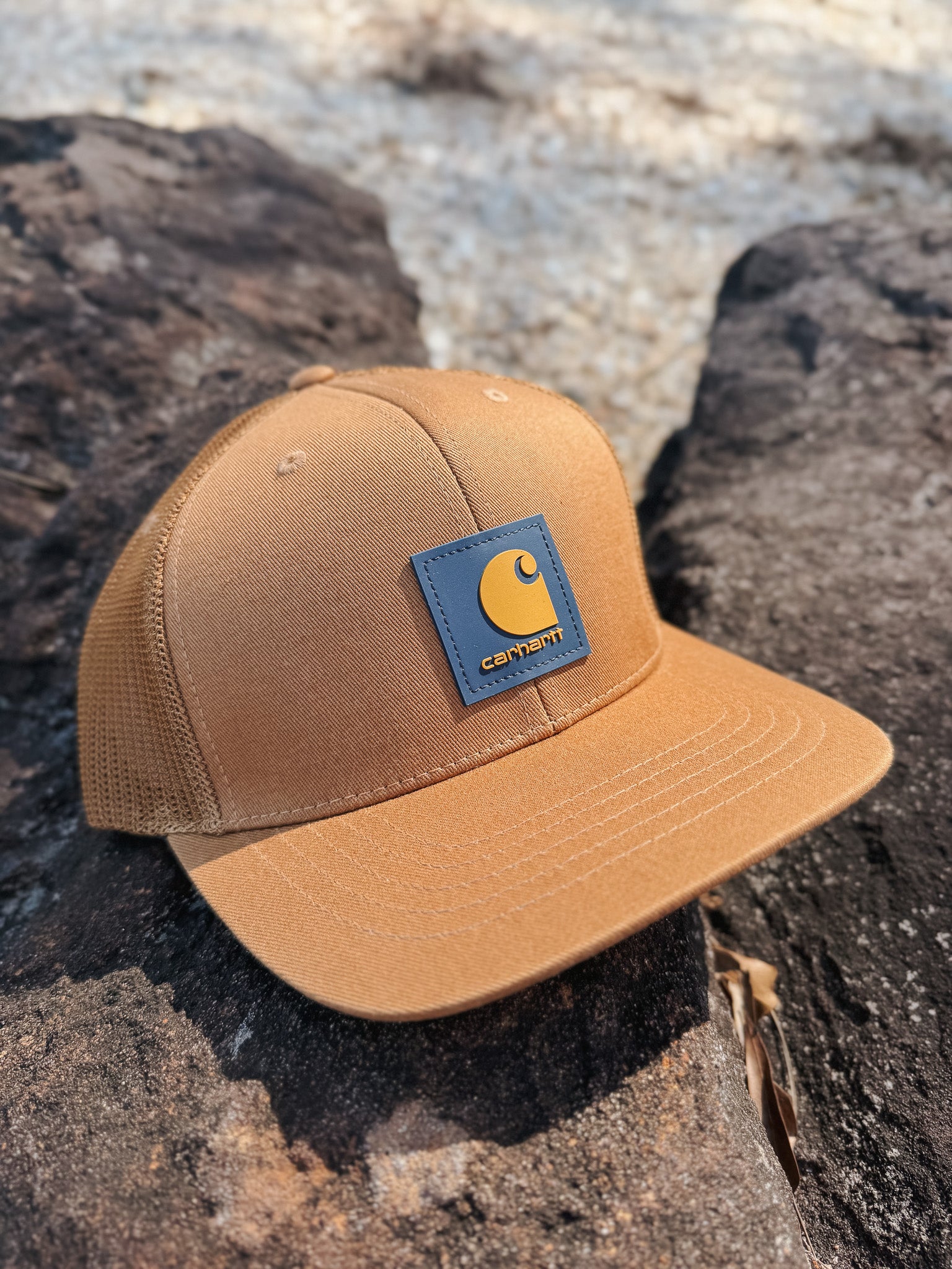 Carhartt Rugged Flex Twill Mesh-Back Logo Patch Cap in Brown