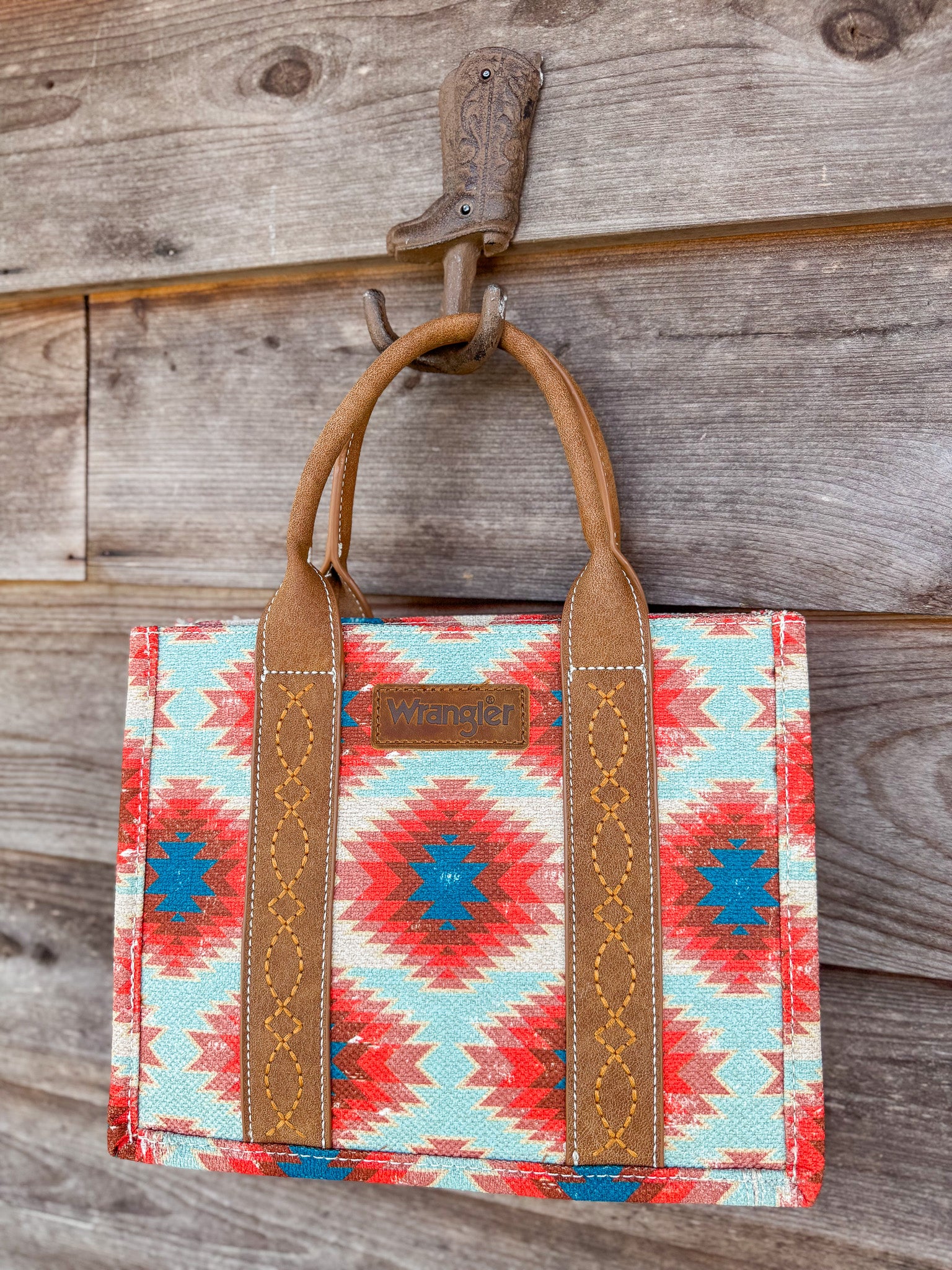 Wrangler Aztec Distressed Print Dual Sided Print Tote/Crossbody in Red