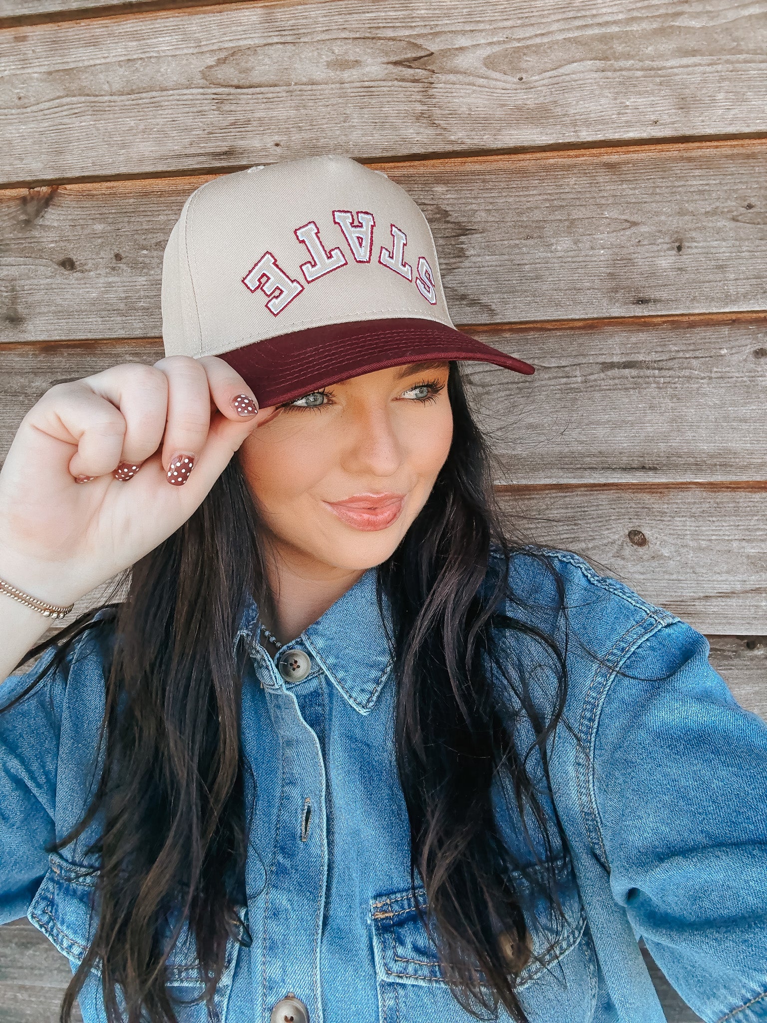 State Trucker Hat in Tan and Maroon