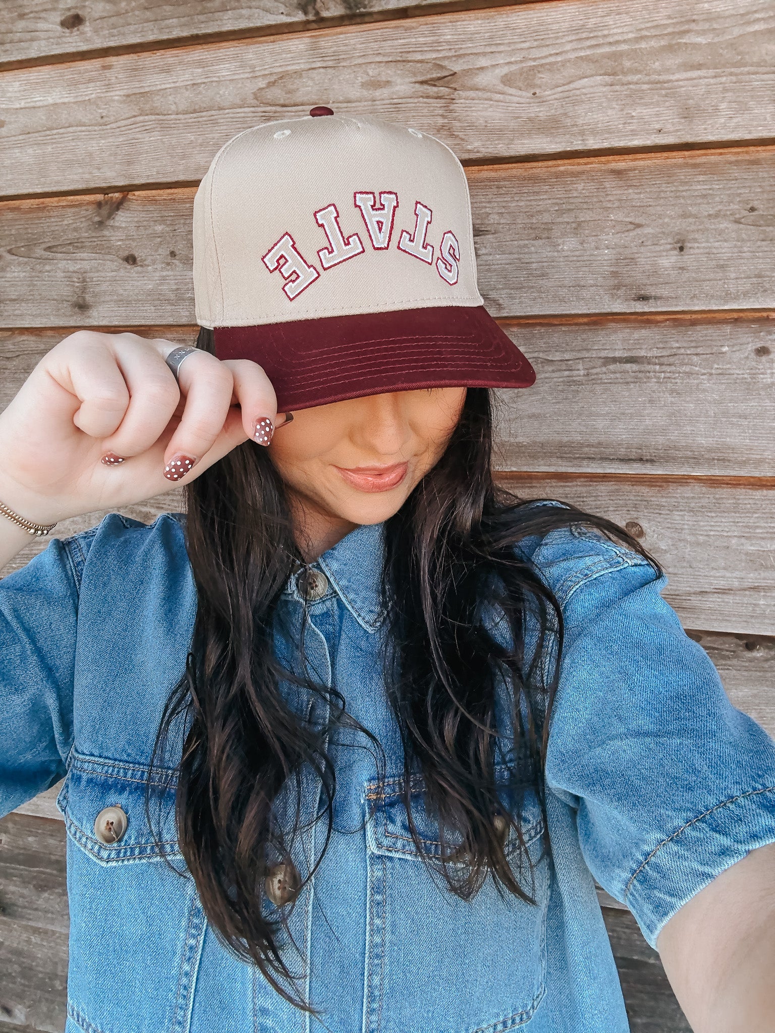 State Trucker Hat in Tan and Maroon