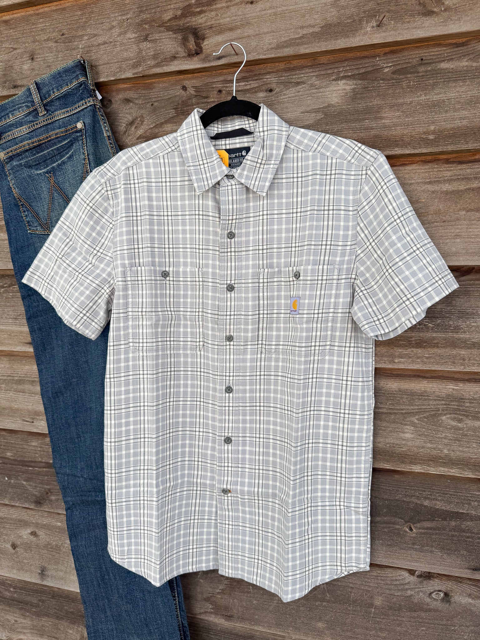 Men's Carhartt Rugged Flex Relaxed Fit Lightweight Short-Sleeve Plaid Shirt in Grey