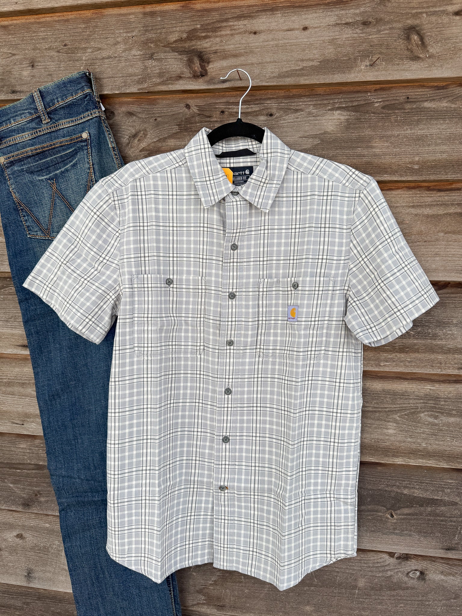 Men's Carhartt Rugged Flex Relaxed Fit Lightweight Short-Sleeve Plaid Shirt in Grey