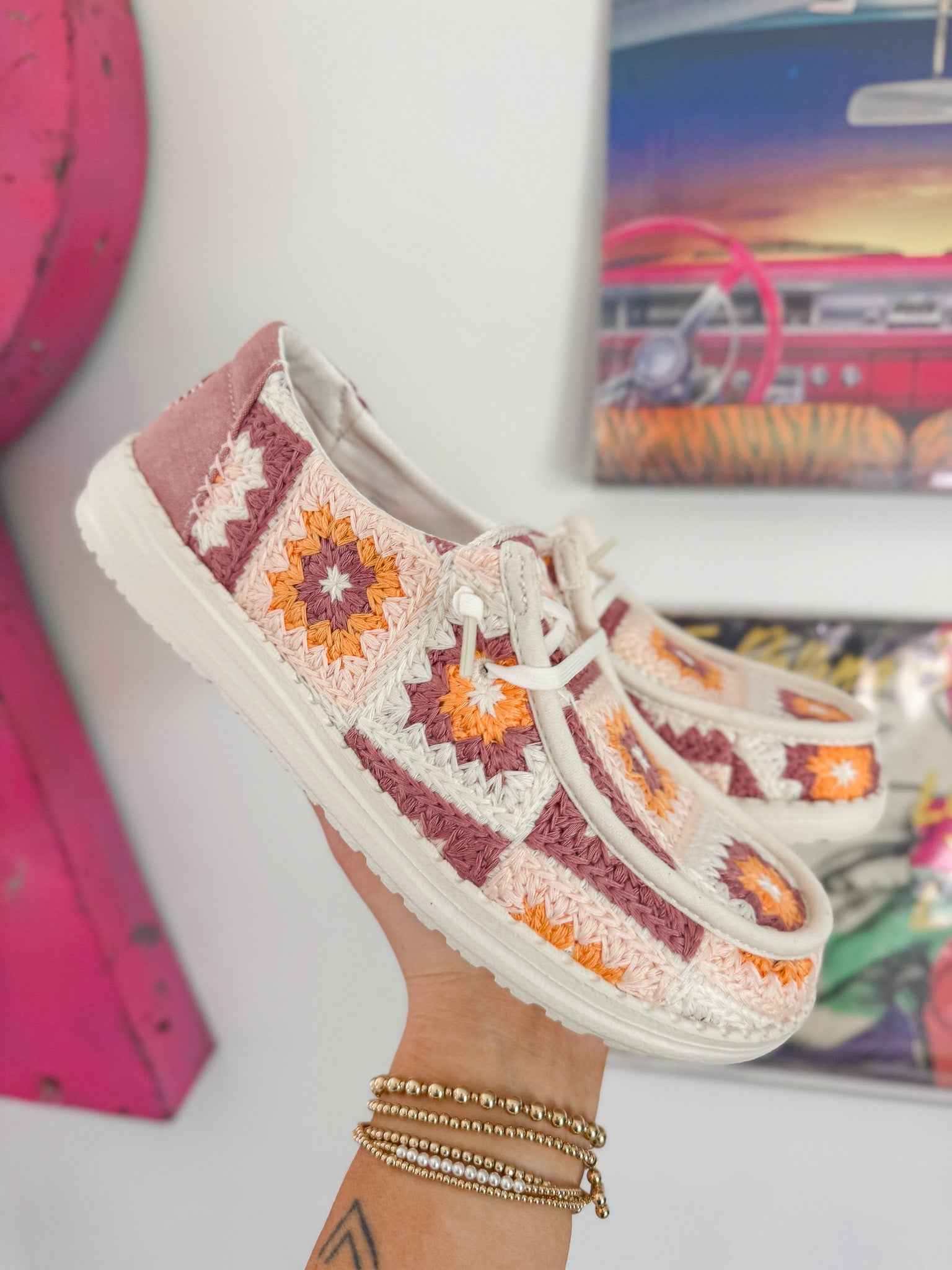 Women's Hey Dude Wendy Cottage Crochet in Petal Pink/Multi