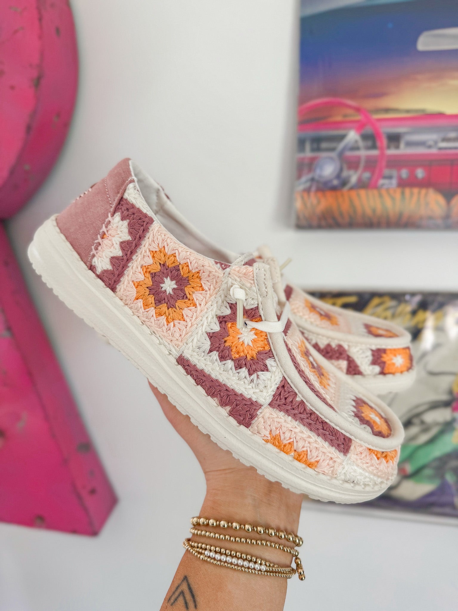 Women's Hey Dude Wendy Cottage Crochet in Petal Pink/Multi