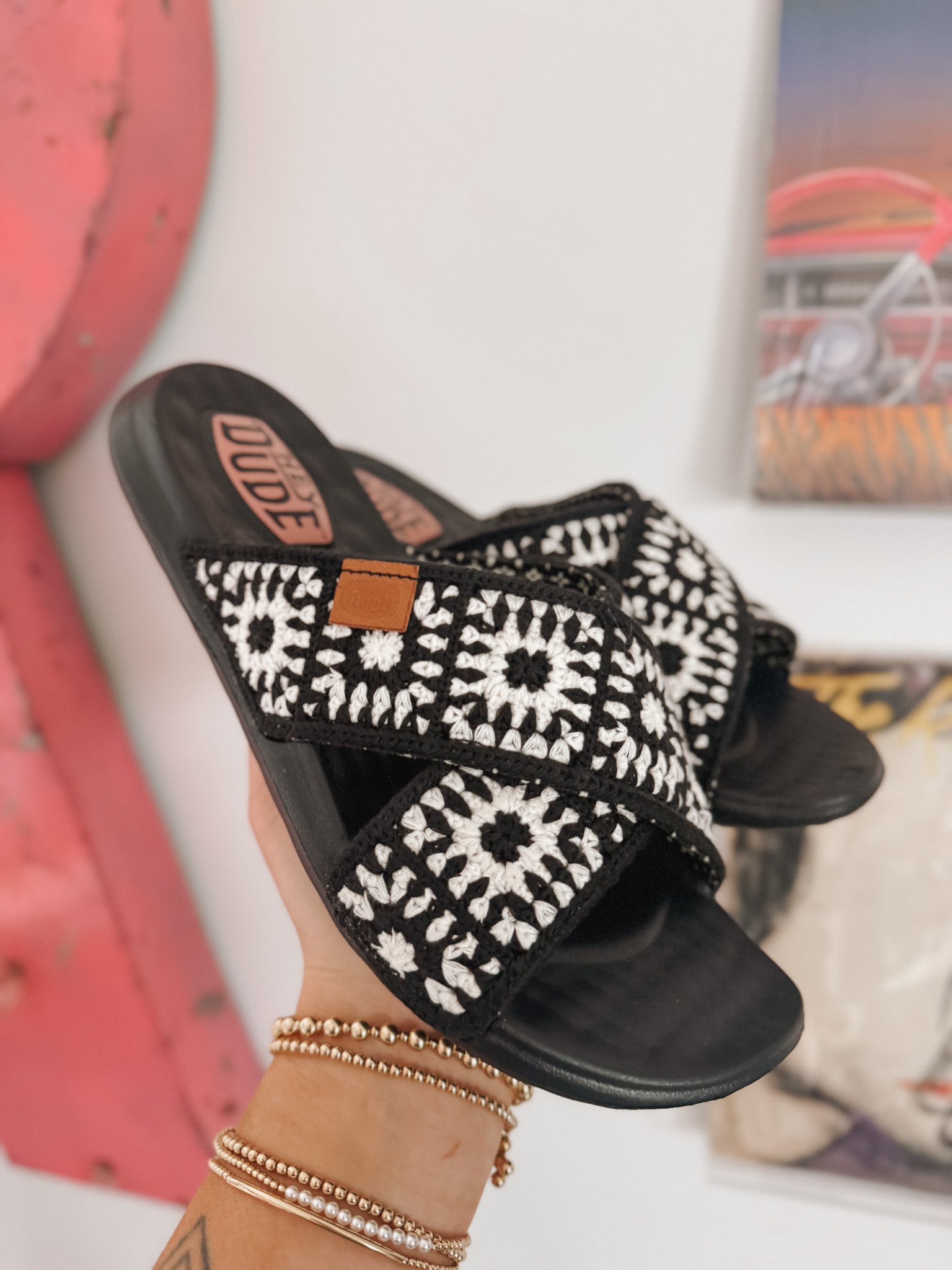 Women's Hey Dude Christi Slide Cottage Crochet in Black/White